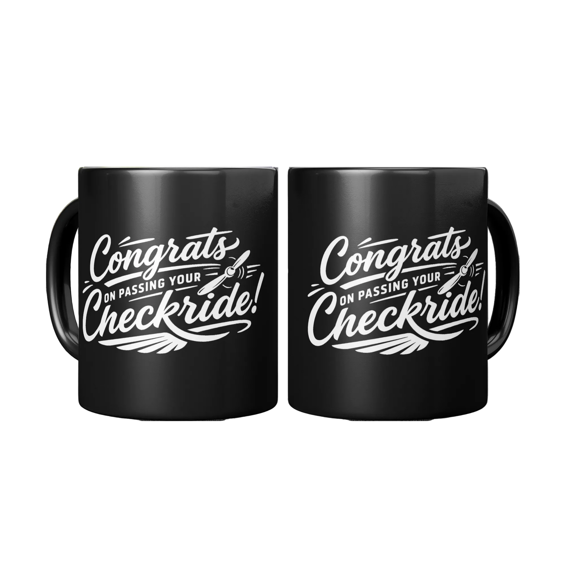 Congrats on passing your checkride! (v4. white) black mug