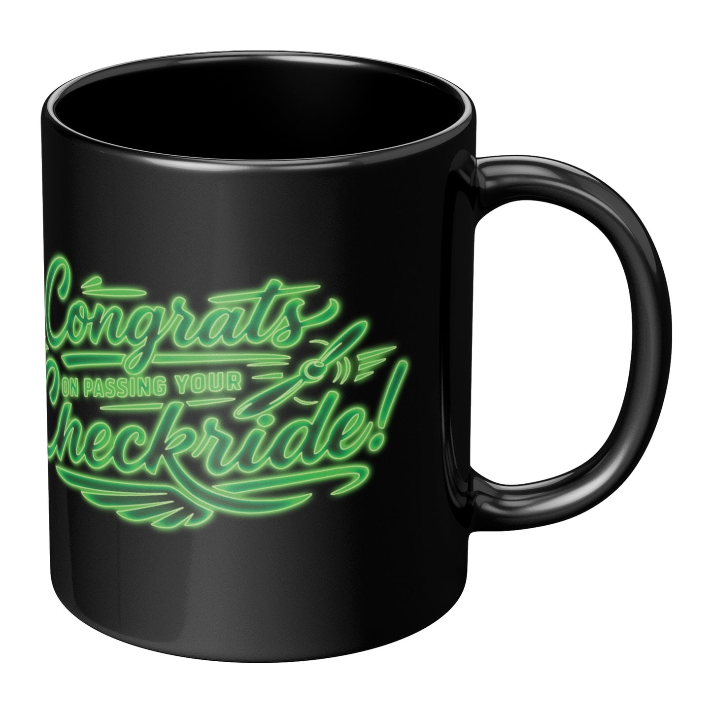 Congrats on passing your checkride! (v4. green) black mug