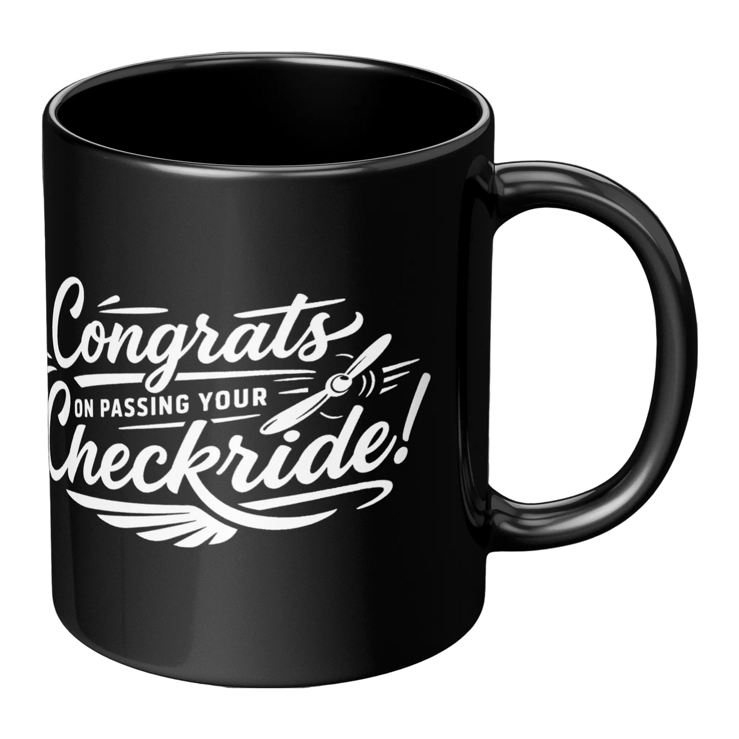 Congrats on passing your checkride! (v4. white) black mug