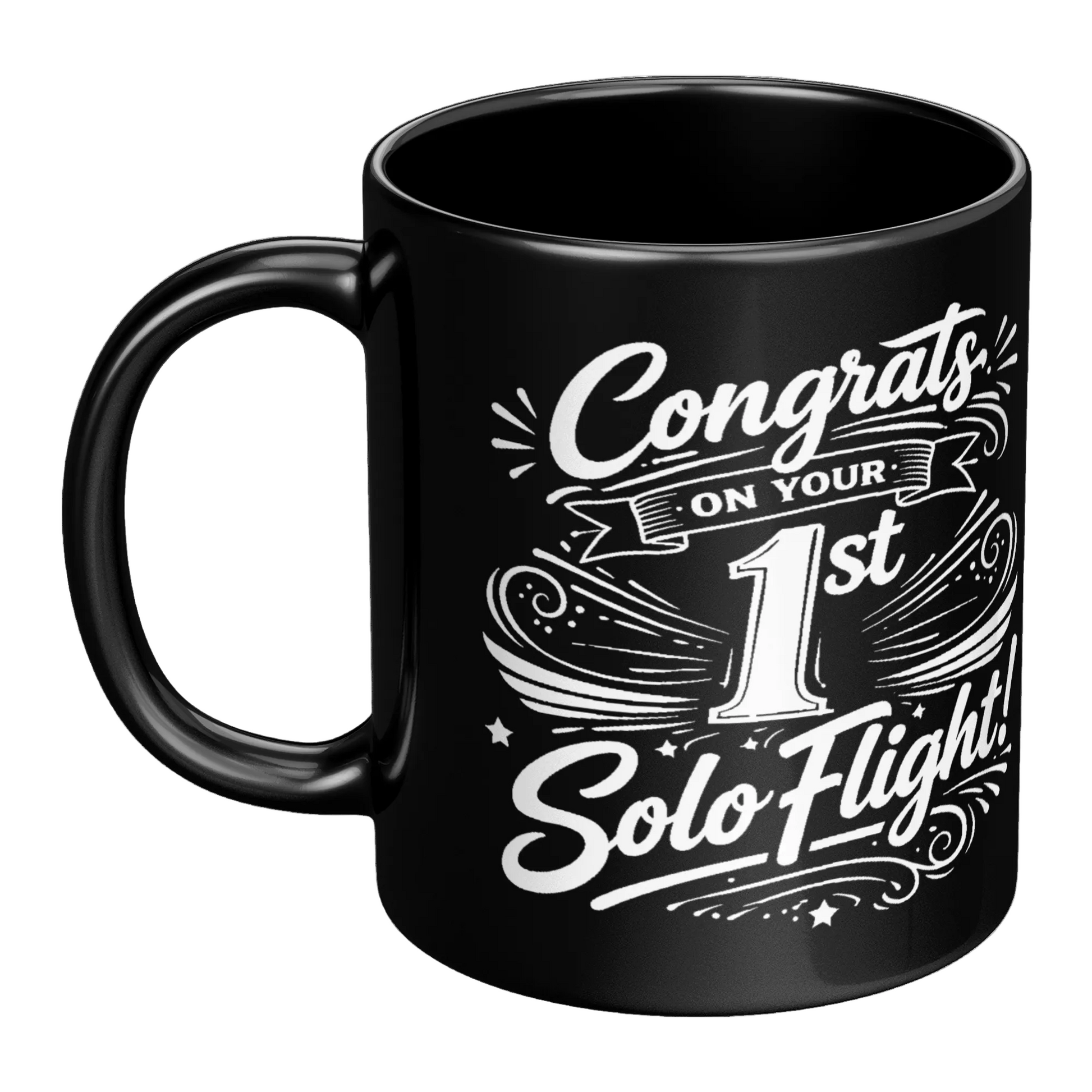 Congrats on your 1st Solo Flight! (v3. white) black mug