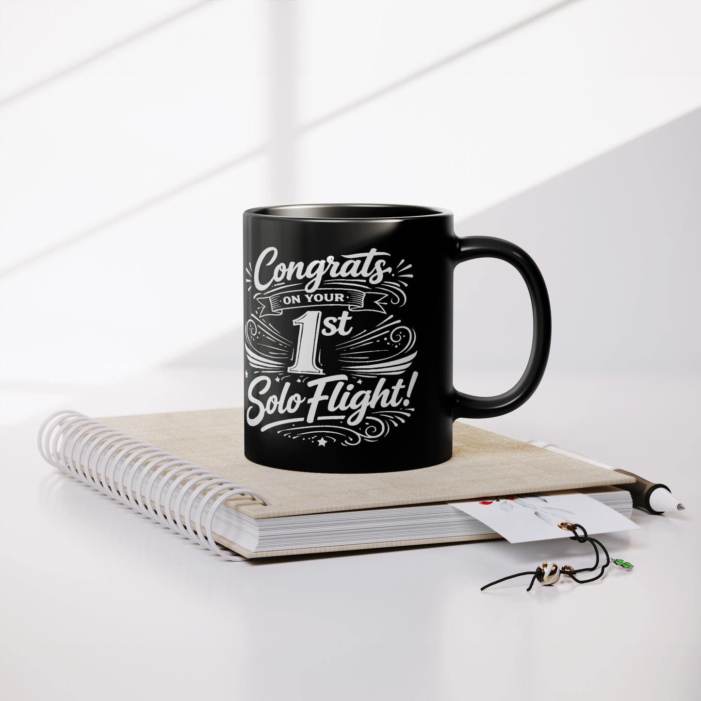Congrats on your 1st Solo Flight! (v3. white) black mug