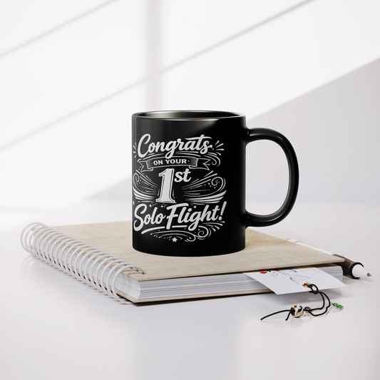 Congrats on your 1st Solo Flight! (v3. white) black mug