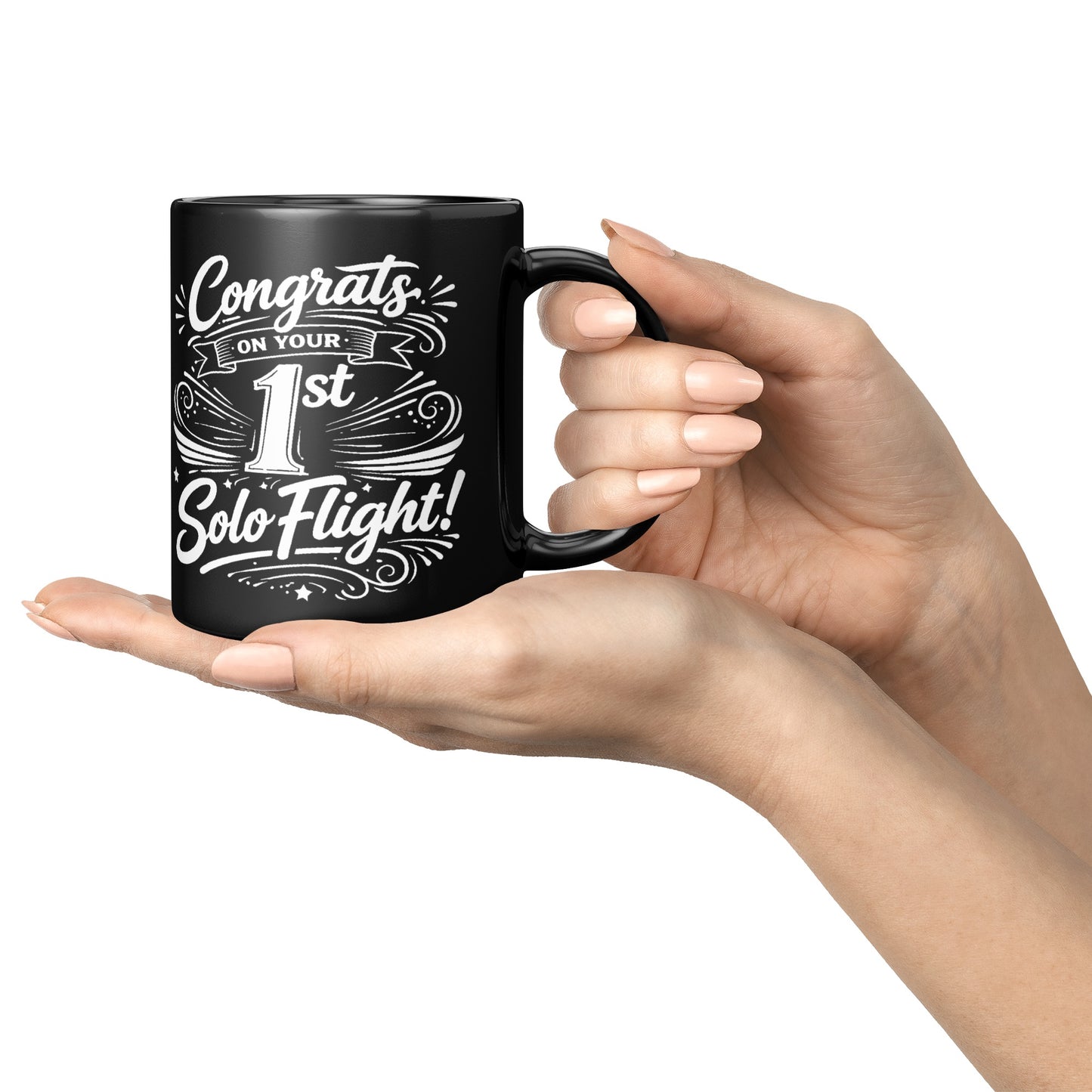 Congrats on your 1st Solo Flight! (v3. white) black mug