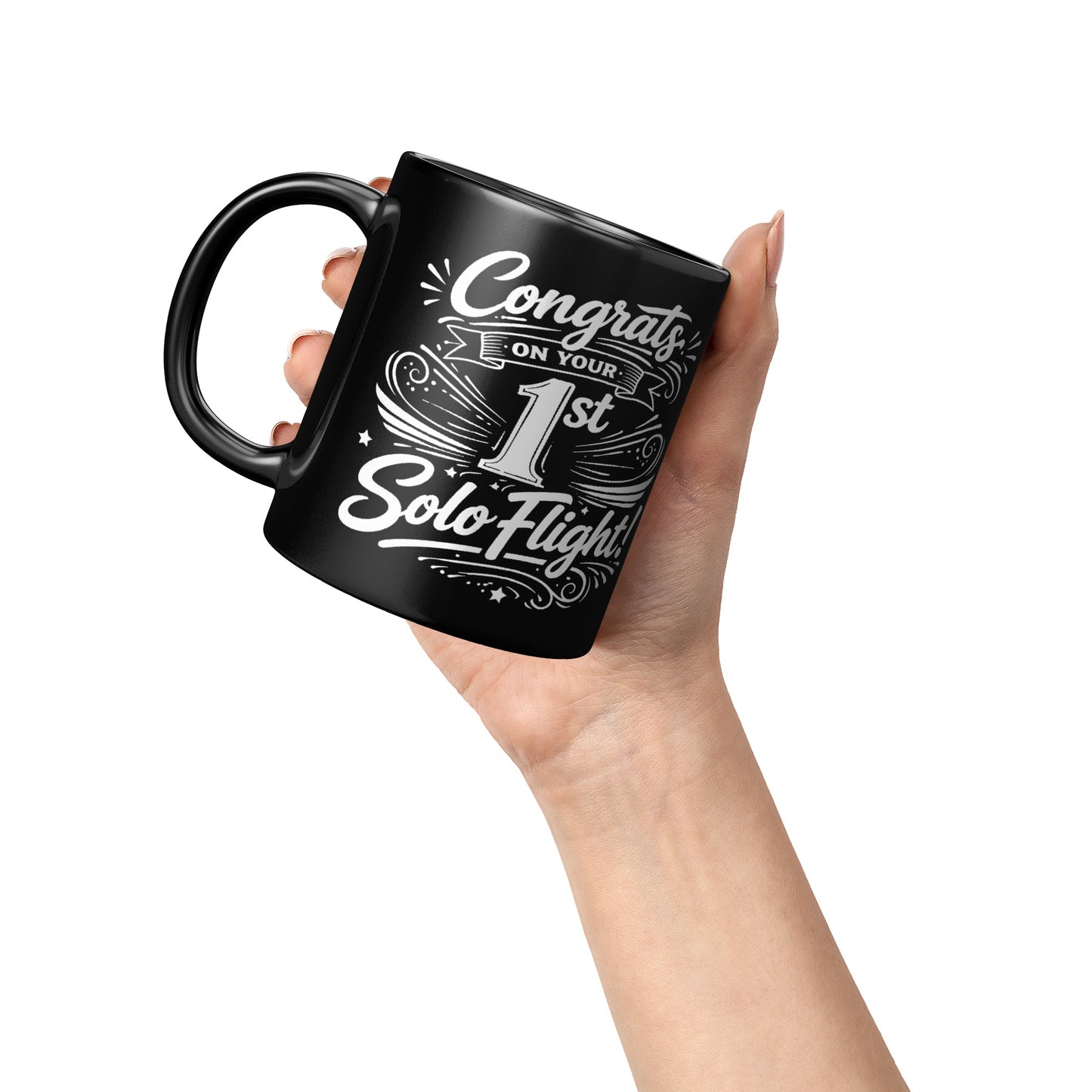 Congrats on your 1st Solo Flight! (v3. white) black mug