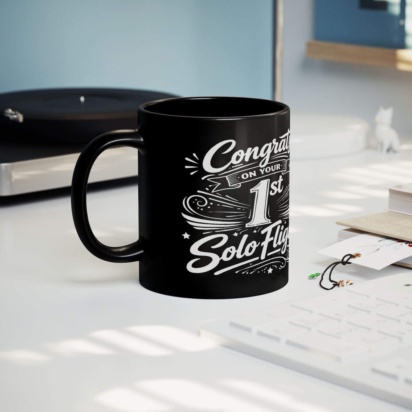 Congrats on your 1st Solo Flight! (v3. white) black mug