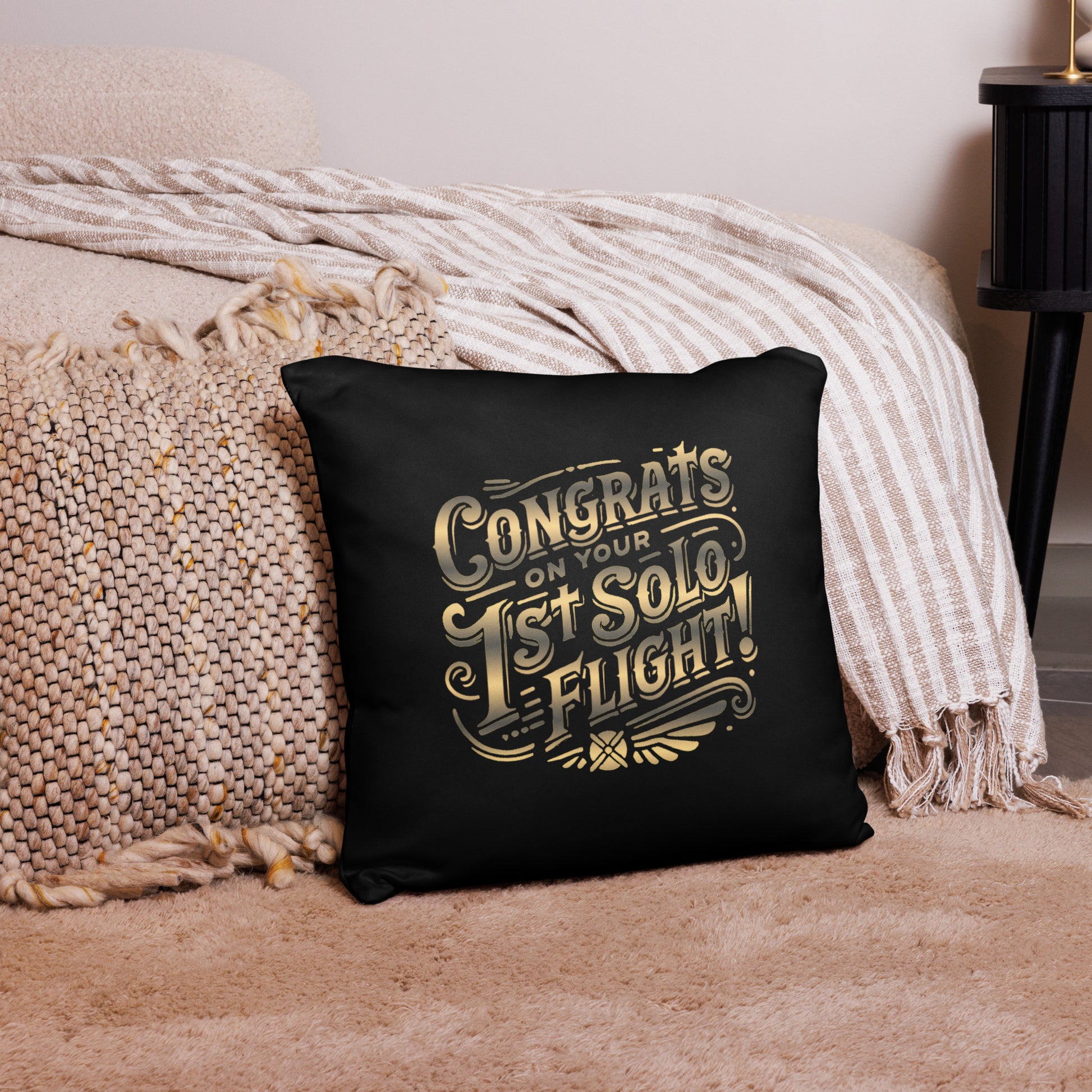 Congrats on your 1st Solo Flight! basic pillow (black/gold)