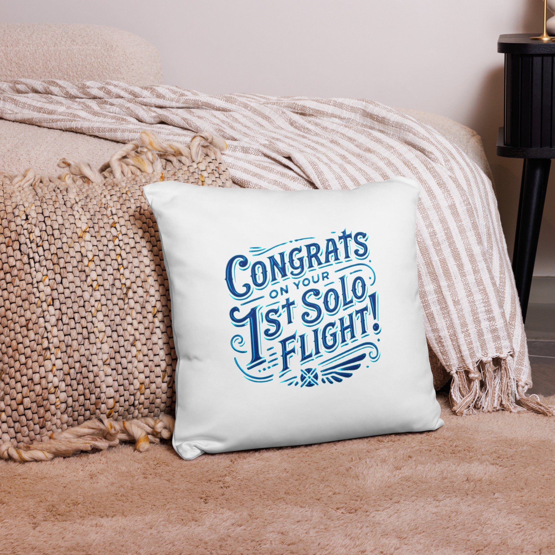 Congrats on your 1st Solo Flight! basic pillow (white/blue)