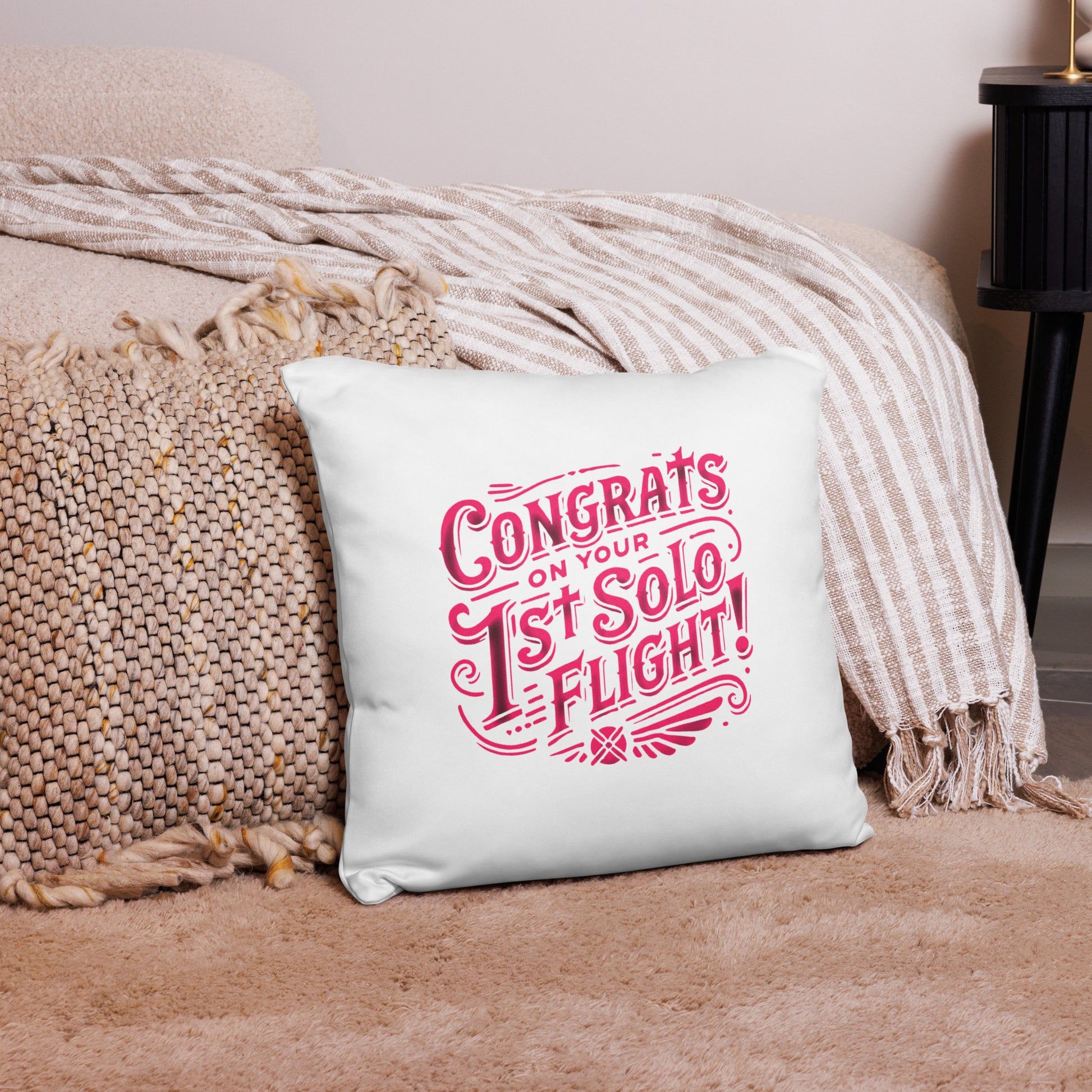 Congrats on your 1st Solo Flight! basic pillow (white/pink)