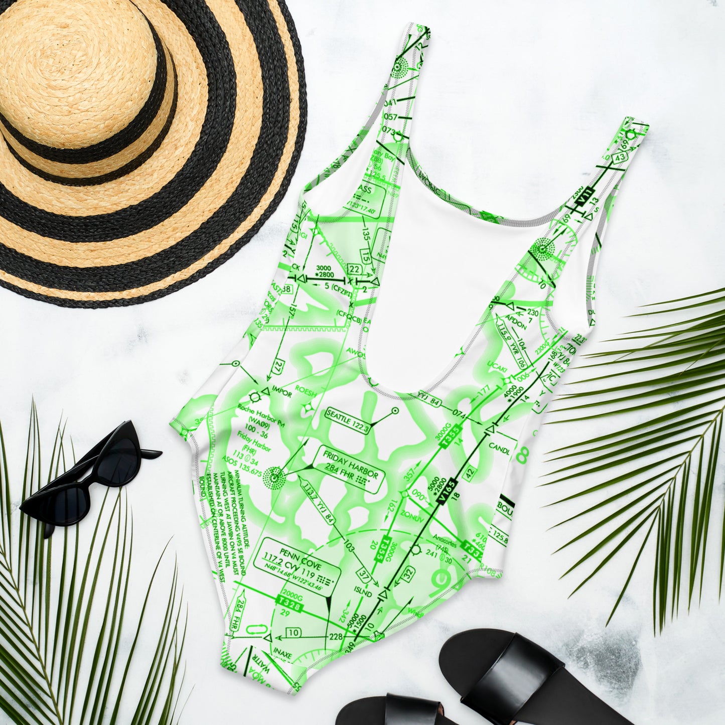 Enroute Low Altitude Chart one-piece swimsuit (ELUS1/green&white)
