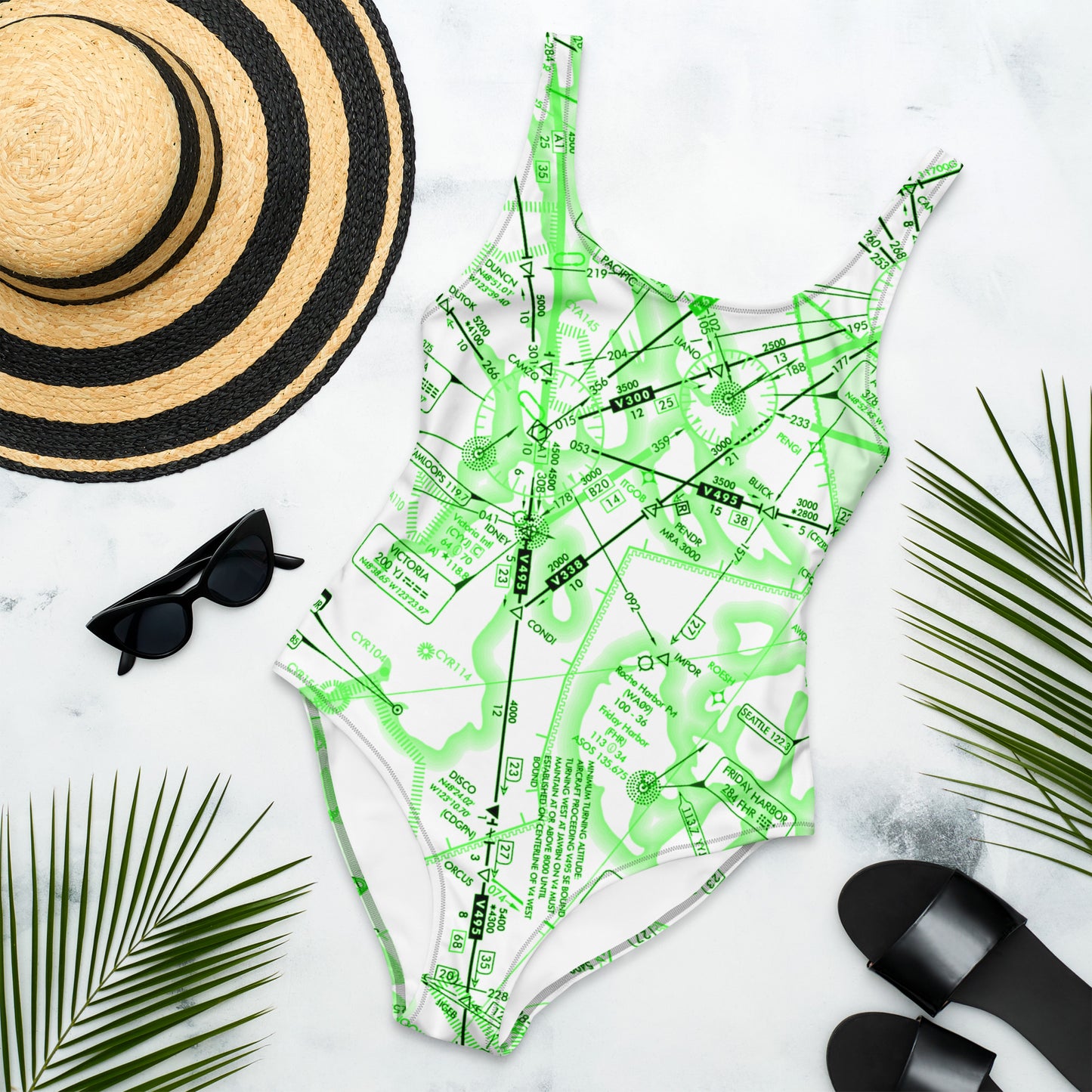 Enroute Low Altitude Chart one-piece swimsuit (ELUS1/green&white)