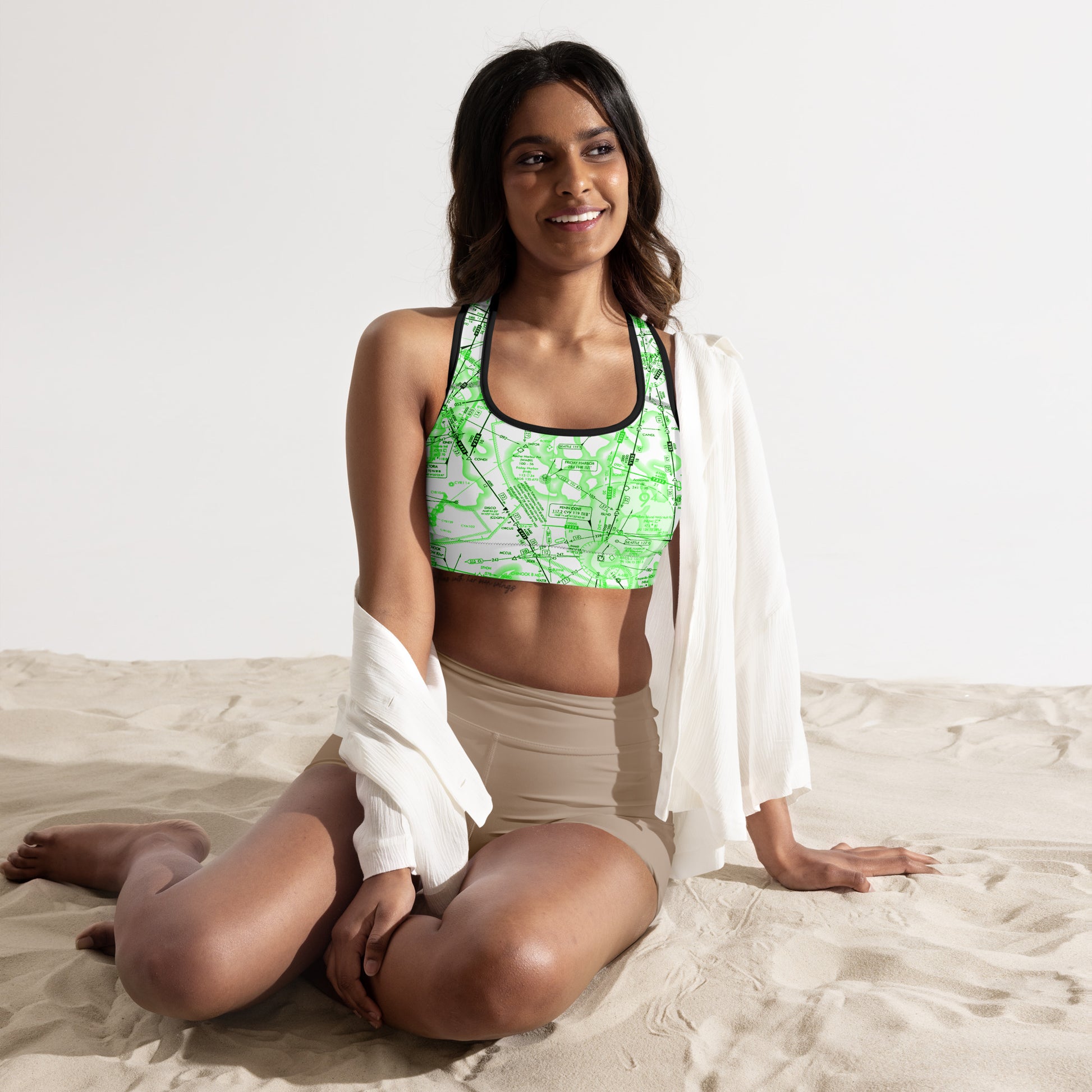 Aeronautical Chart padded sports bra (ELUS1/green&white)