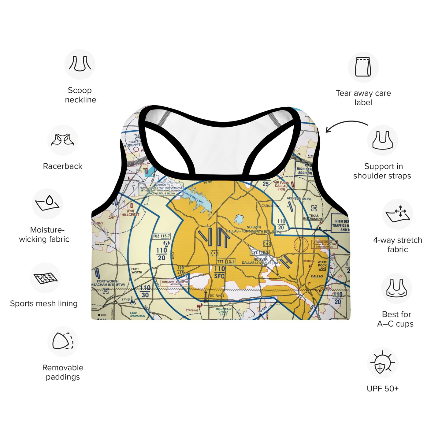 Aeronautical Chart padded sports bra (DFW)