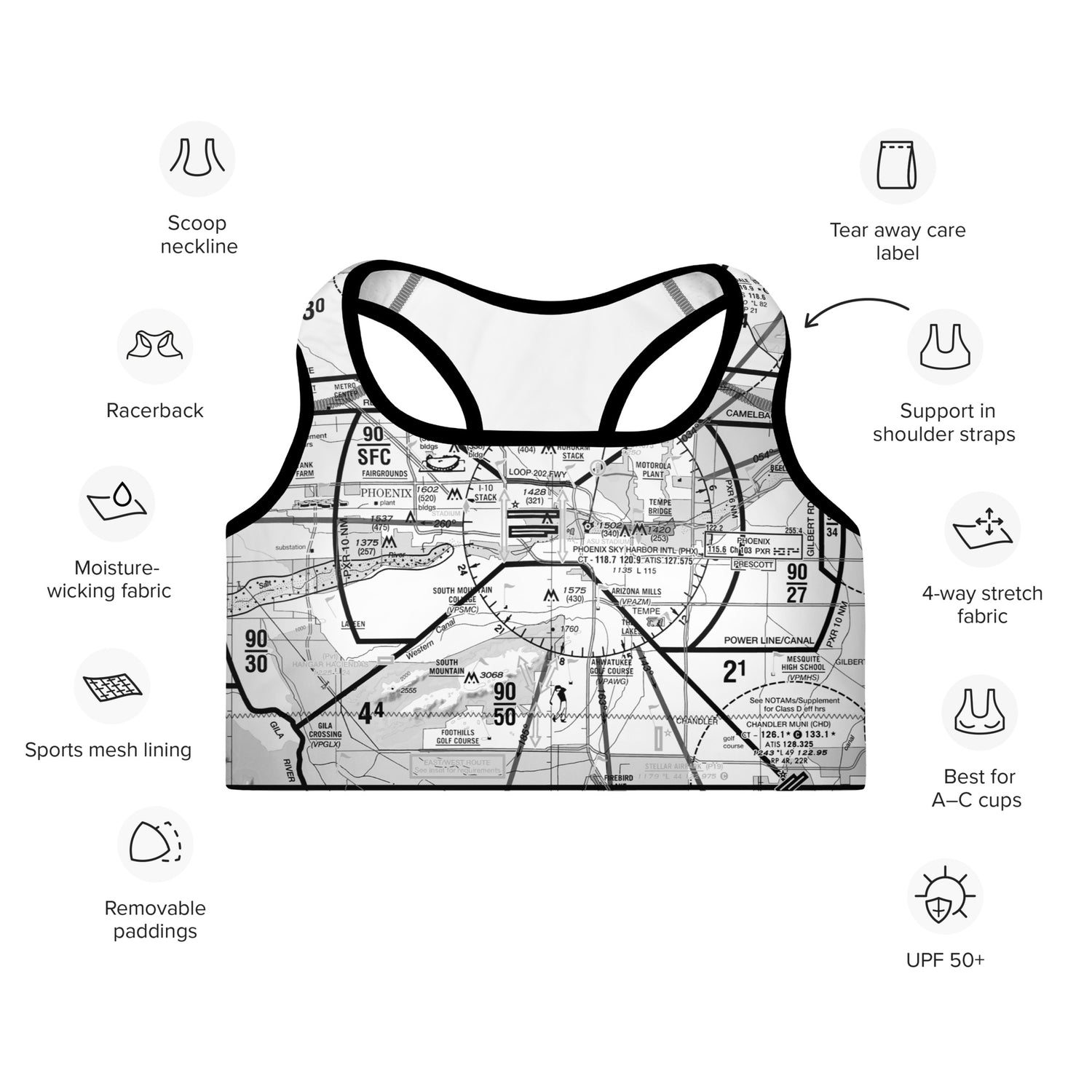 Aeronautical Chart padded sports bra (PHX/b&w)