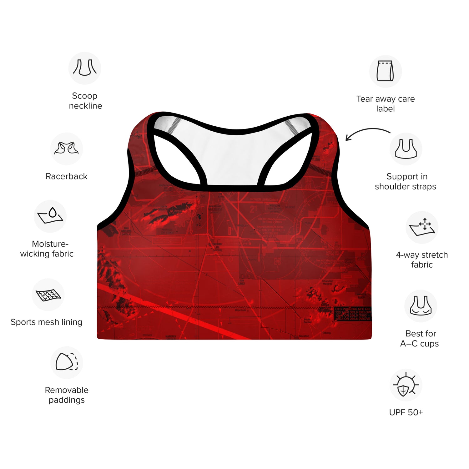 Aeronautical Chart padded sports bra (PHX/red)