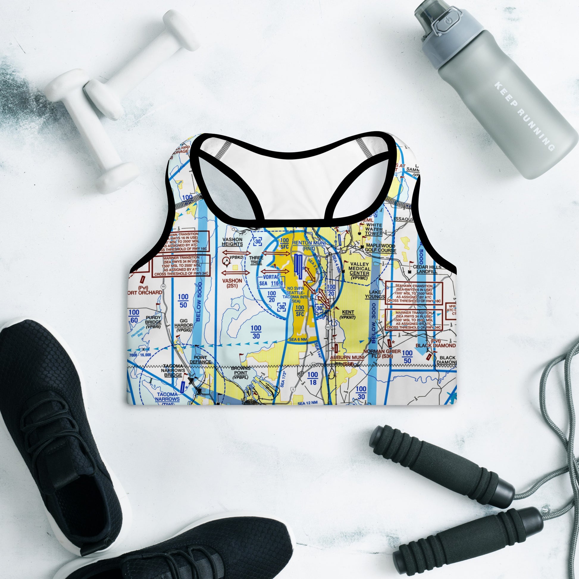 Aeronautical Chart padded sports bra (SEA Flyway Chart)