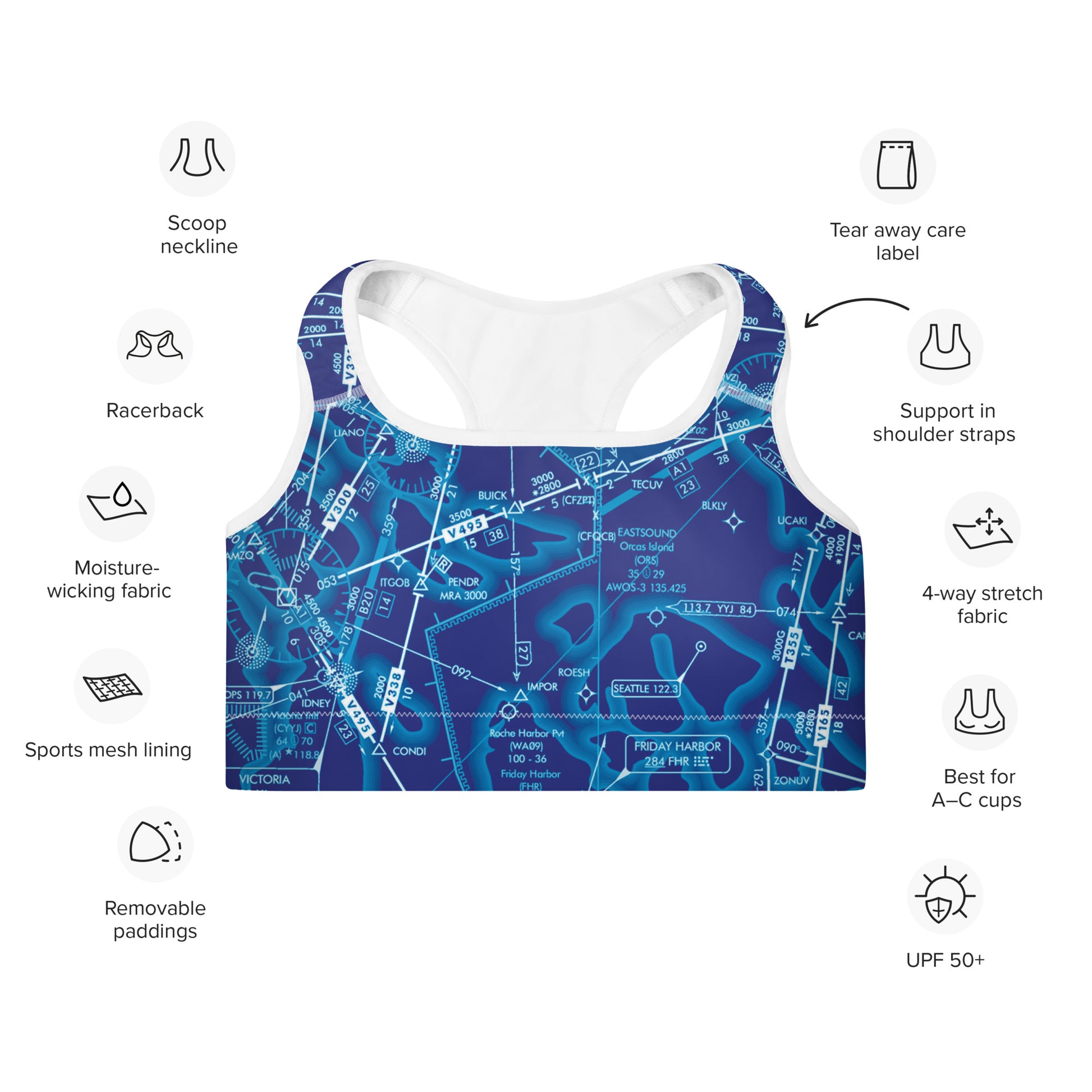 Aeronautical Chart Padded Sports Bra (ELUS1/blue)