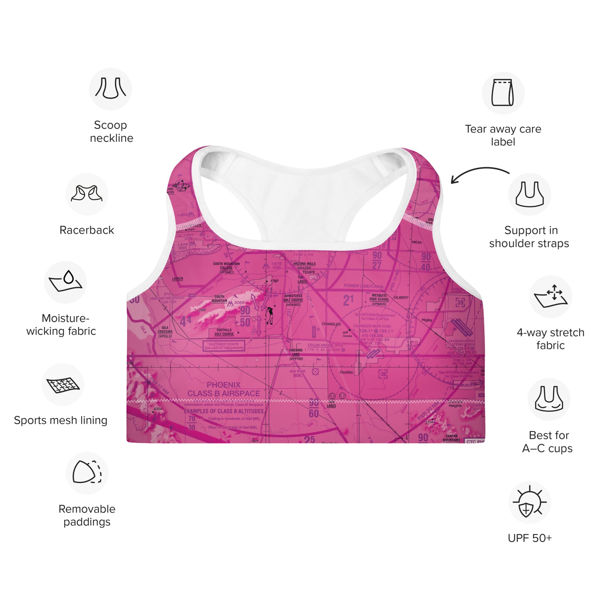 Aeronautical Chart padded sports bra (PHX/pink)