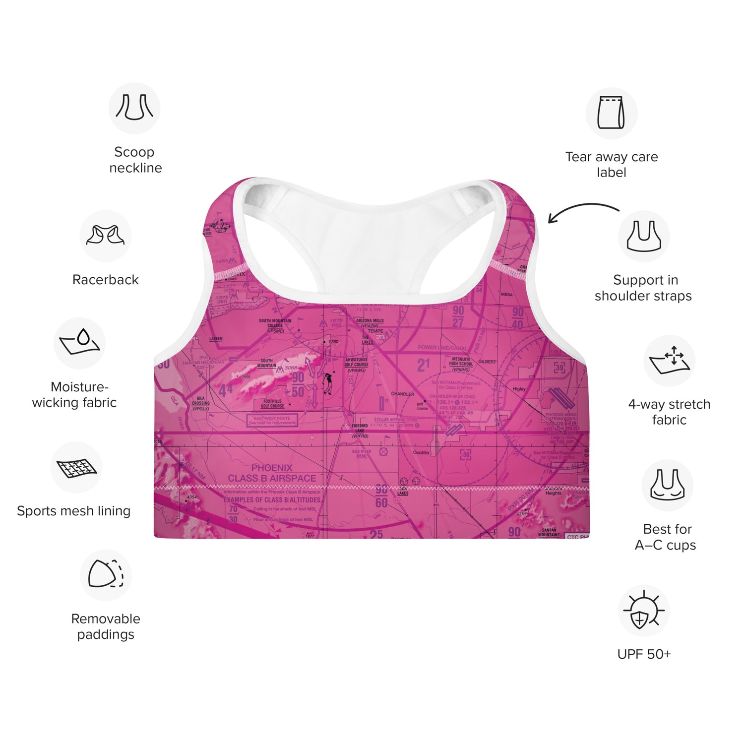 Aeronautical Chart padded sports bra (PHX/pink)