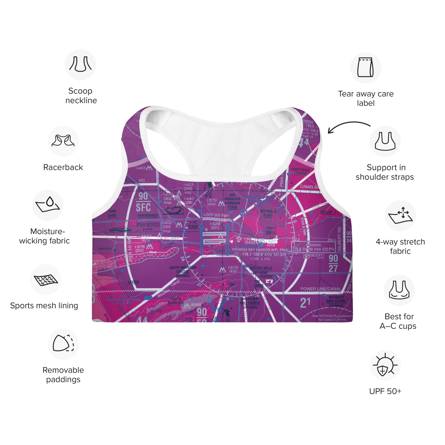 Aeronautical Chart padded sports bra (PHX/purple)