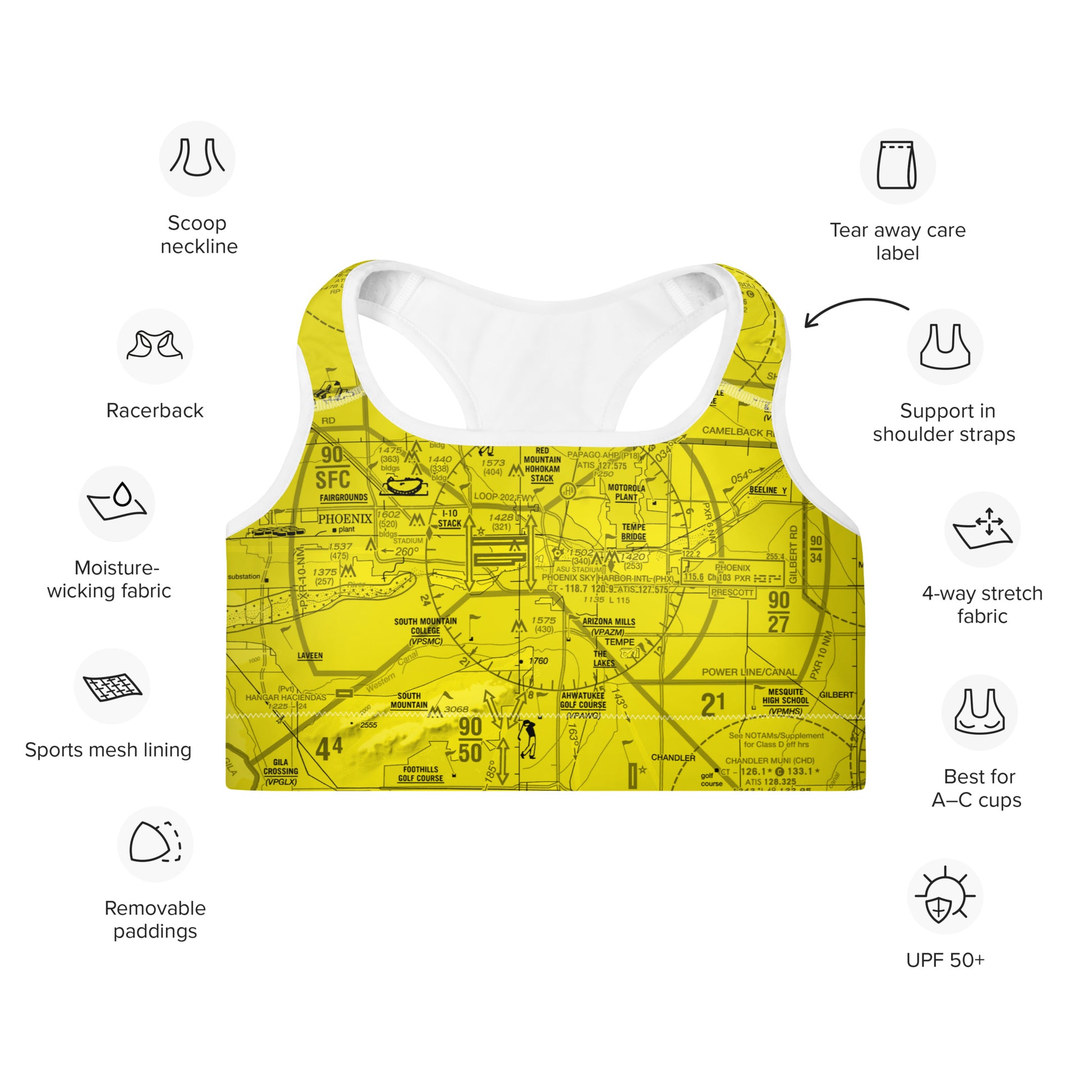 Aeronautical Chart padded sports bra (PHX/yellow)