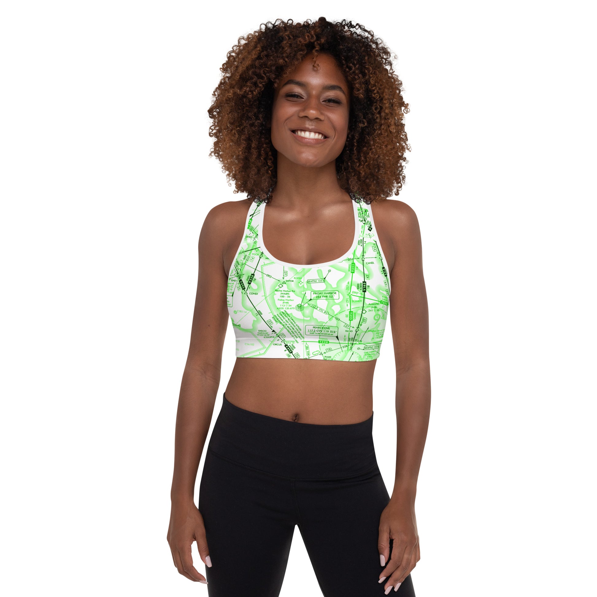 Aeronautical Chart padded sports bra (ELUS1/green&white)