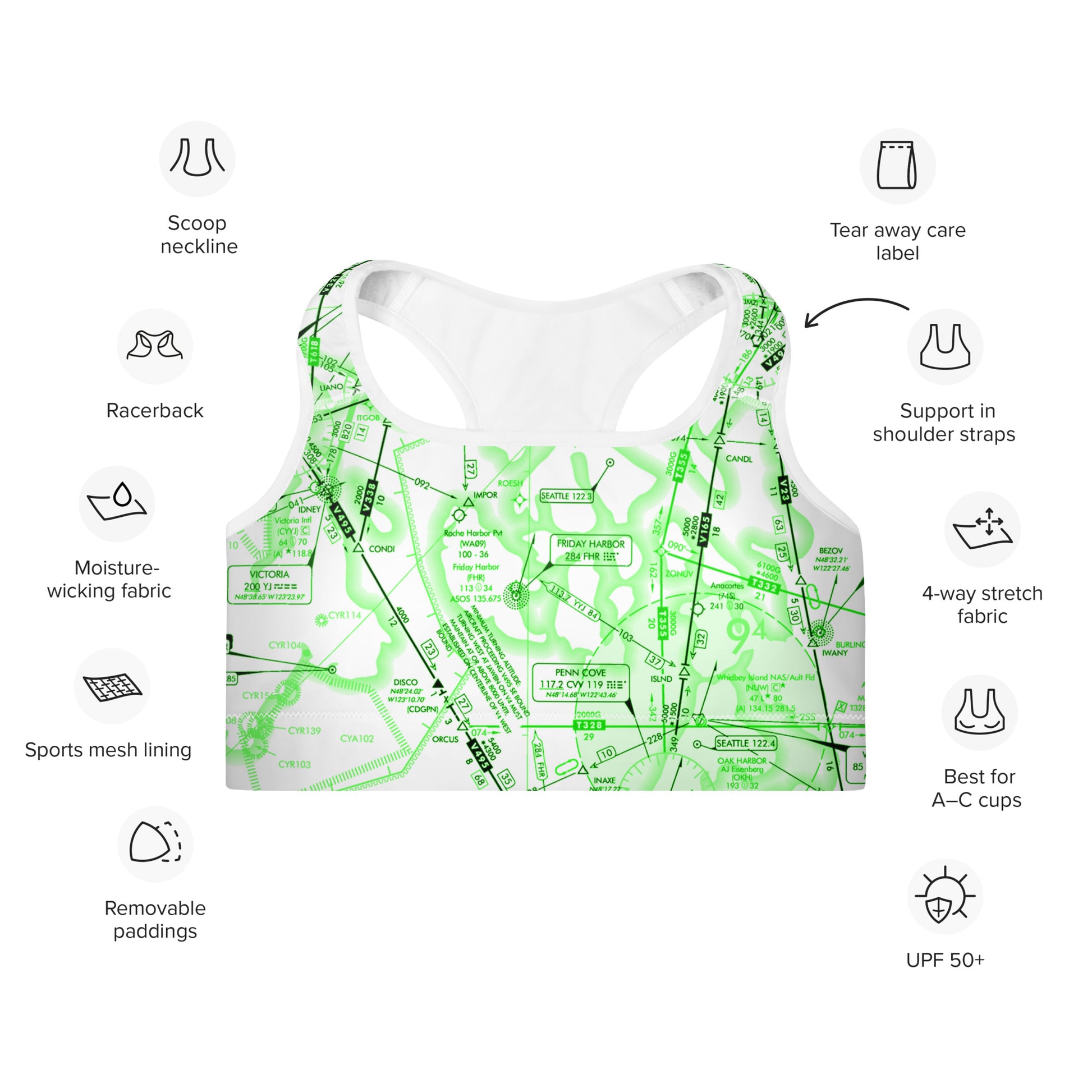 Aeronautical Chart padded sports bra (ELUS1/green&white)