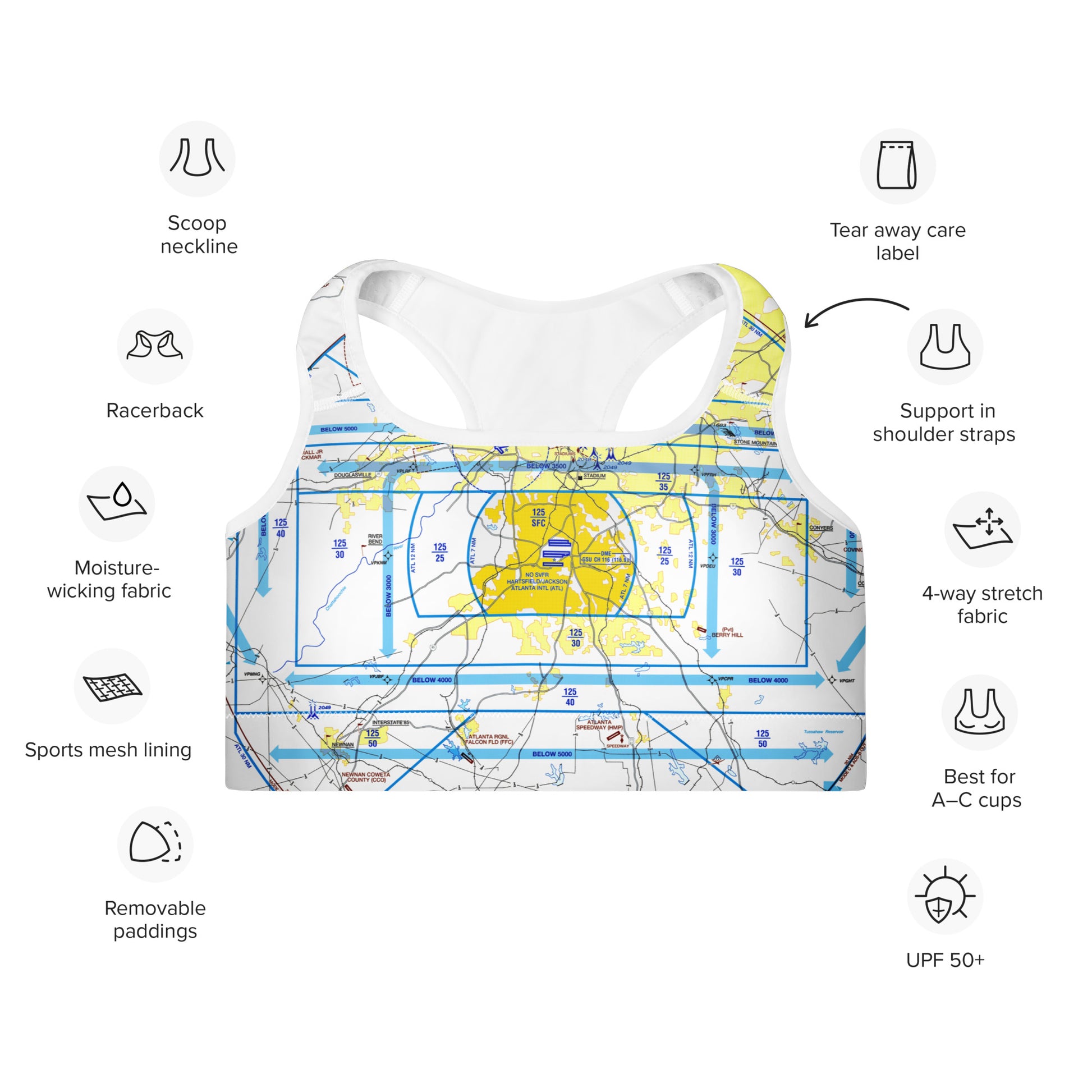 Aeronautical Chart Padded Sports Bra (ATL Flyway Chart)