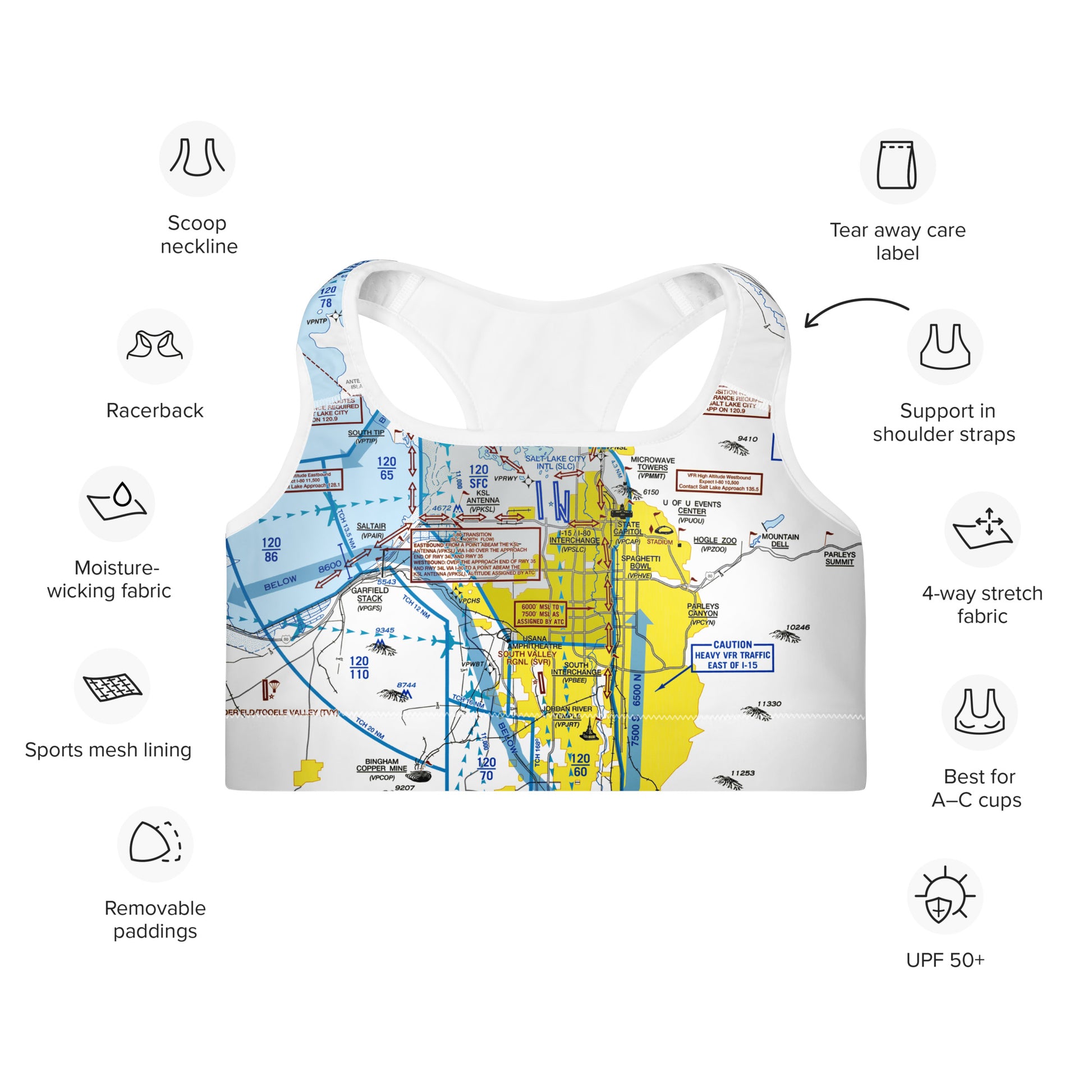Aeronautical Chart padded sports bra (SLC Flyway Chart)