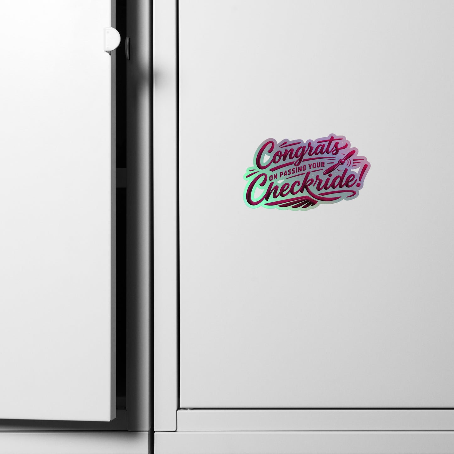 Congrats on passing your checkride! (v4. pink) holographic sticker