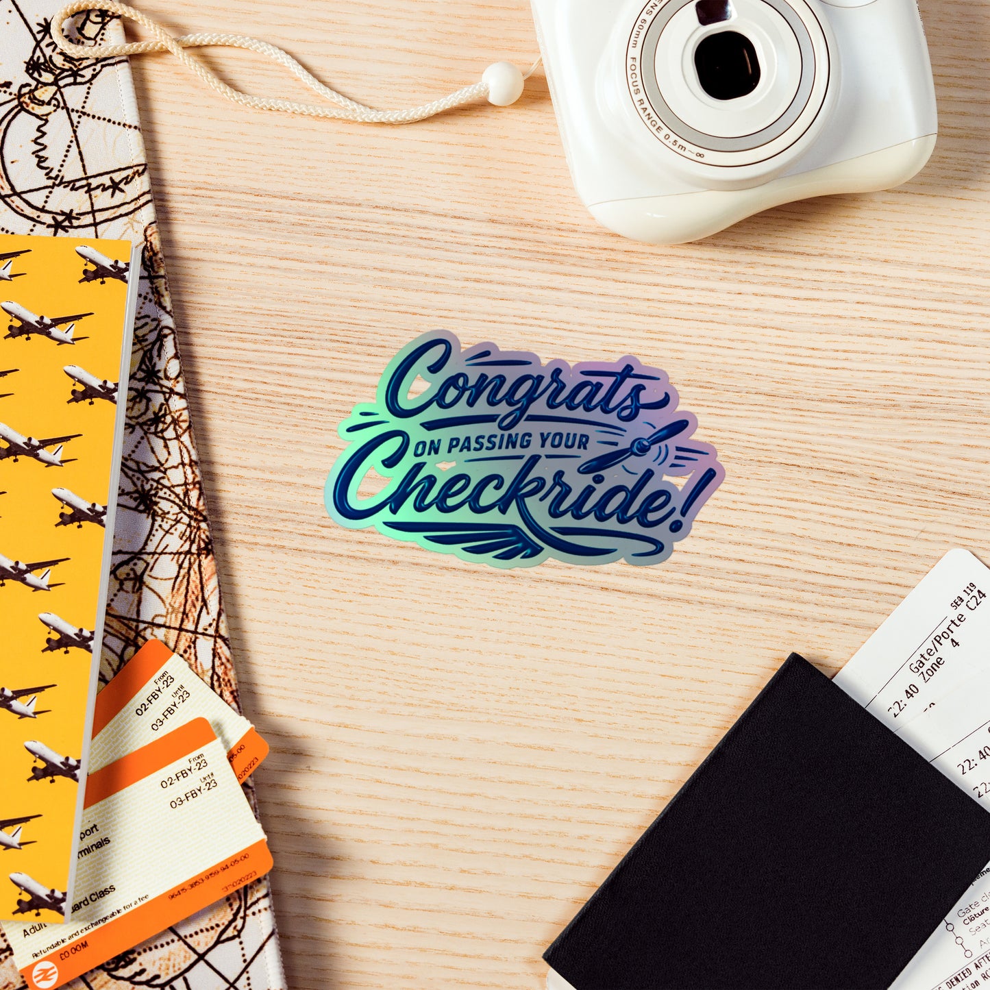 Congrats on passing your checkride! (v4. blue) holographic sticker
