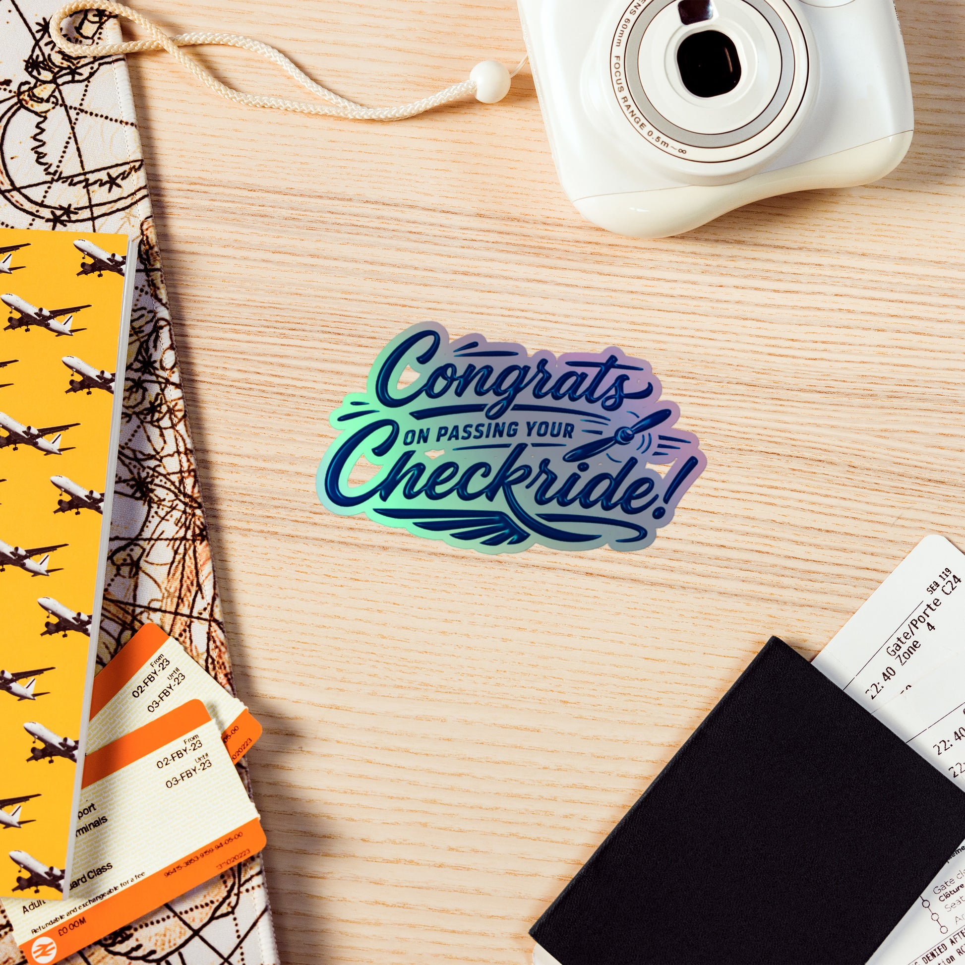 Congrats on passing your checkride! (v4. blue) holographic sticker