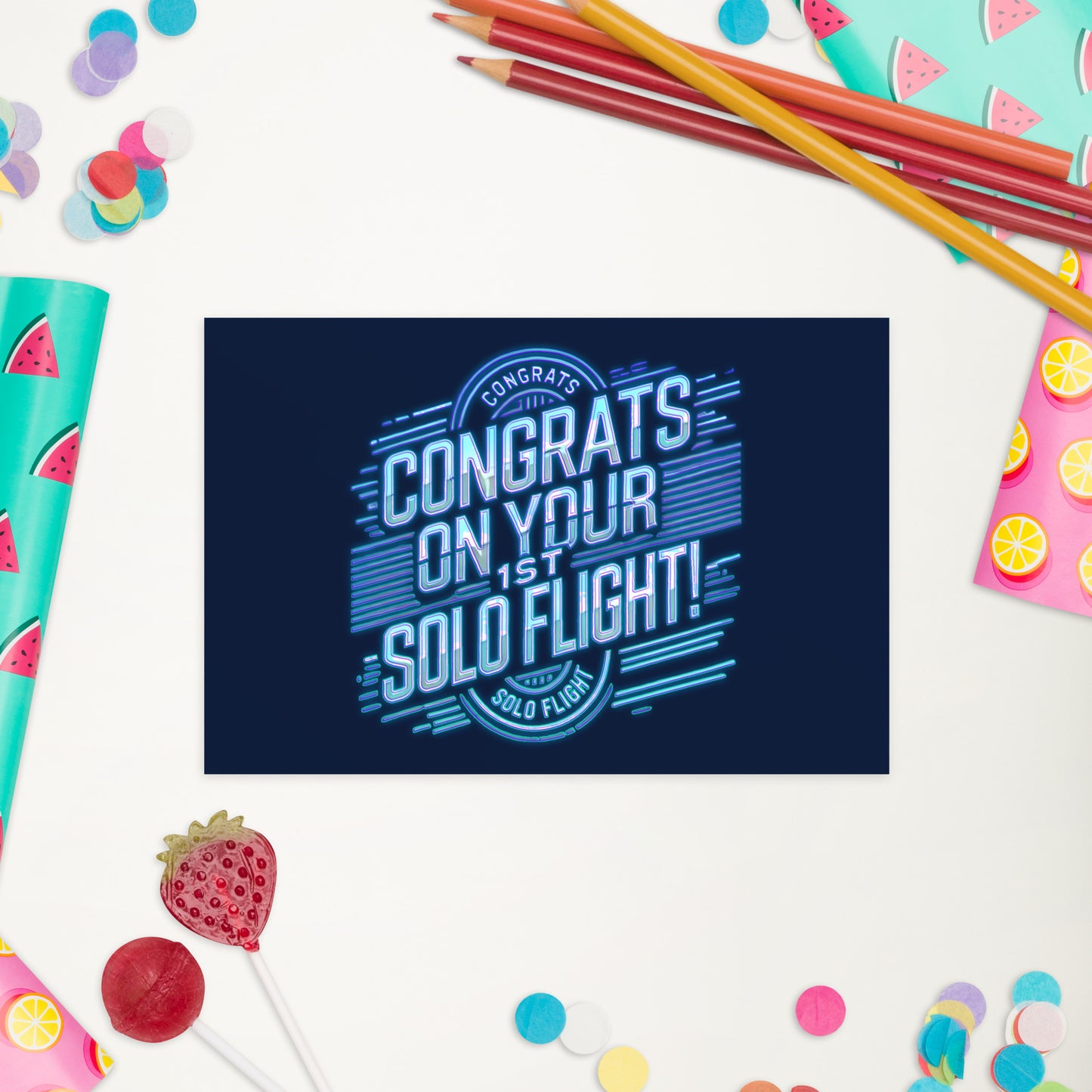 Congrats on your 1st Solo Flight! postcard (neon blue)