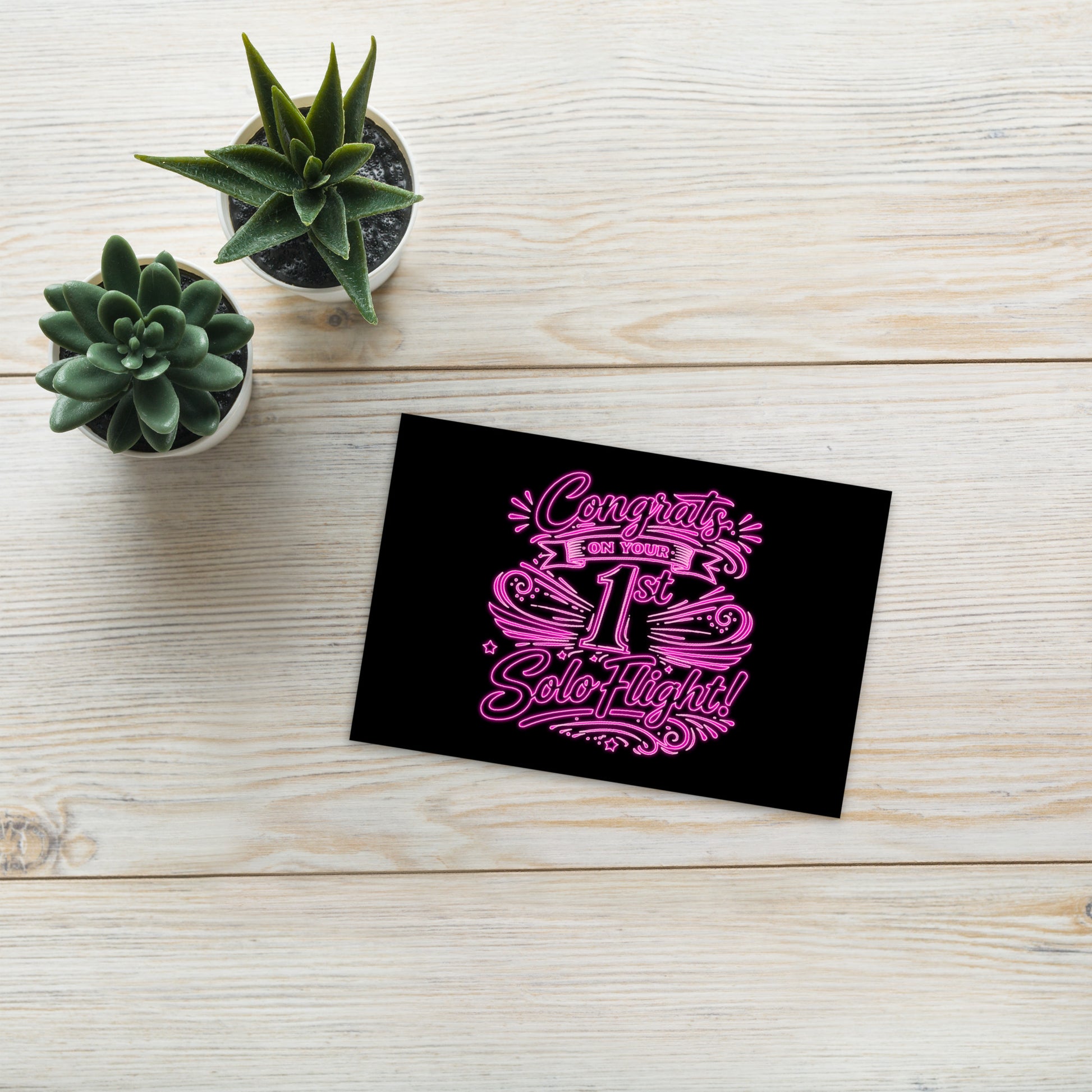 Congrats on your 1st Solo Flight! postcard (v3. pink neon)