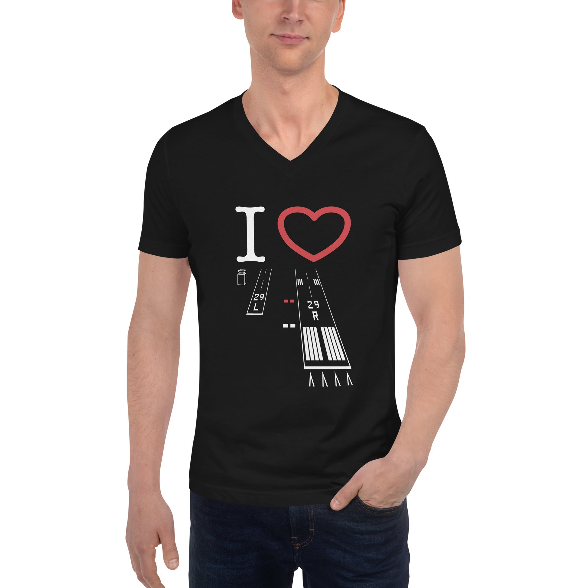 Torrance Airport Runways 29L and 29R short sleeve unisex v-neck T-shirt (black)