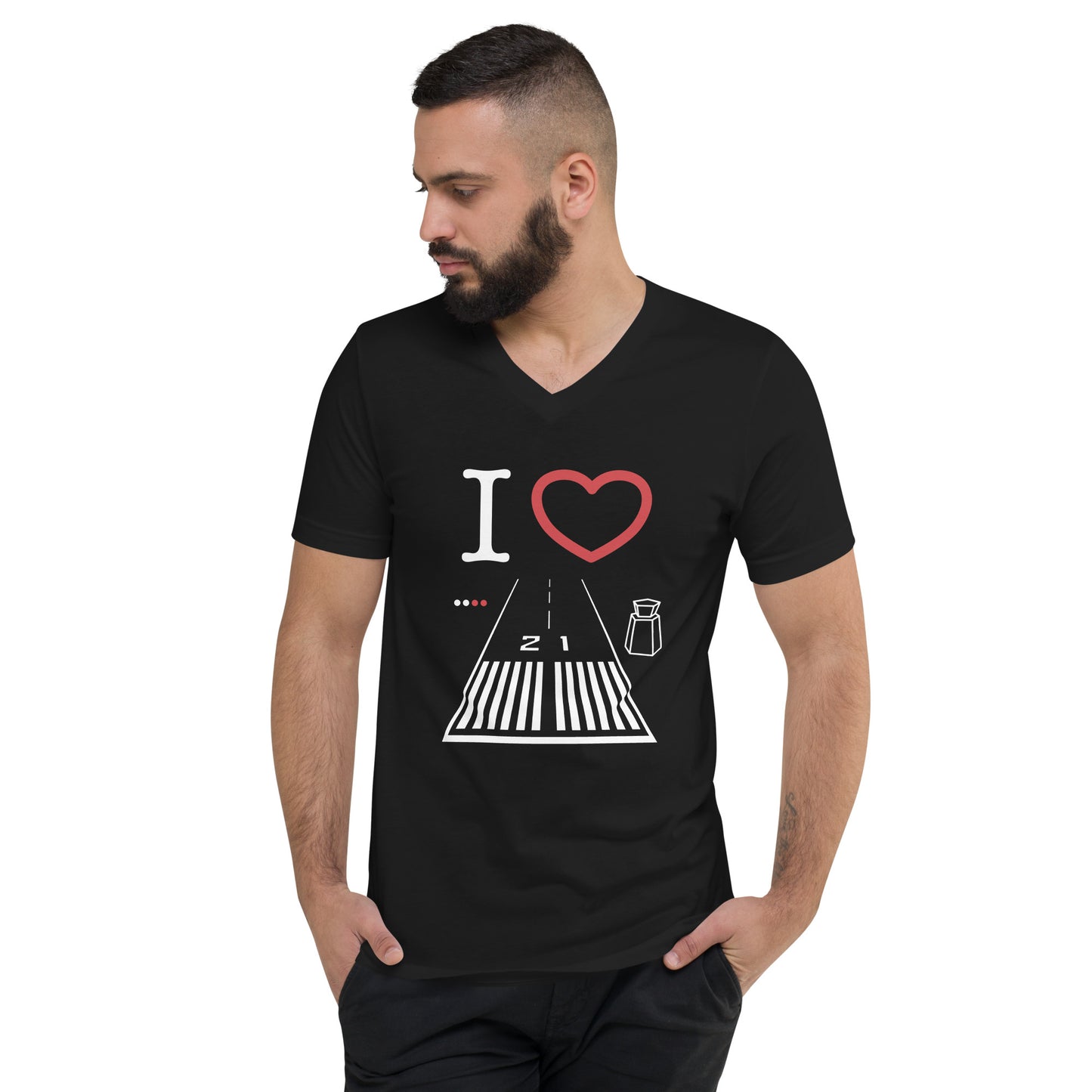 Santa Monica Airport Runway 21 short sleeve unisex v-neck T-shirt (black)