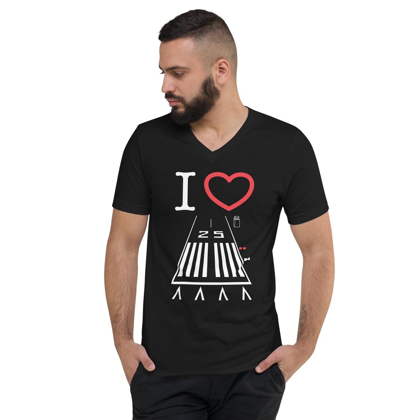 Hawthorne Airport Runway 25 short sleeve unisex v-neck T-shirt (black)