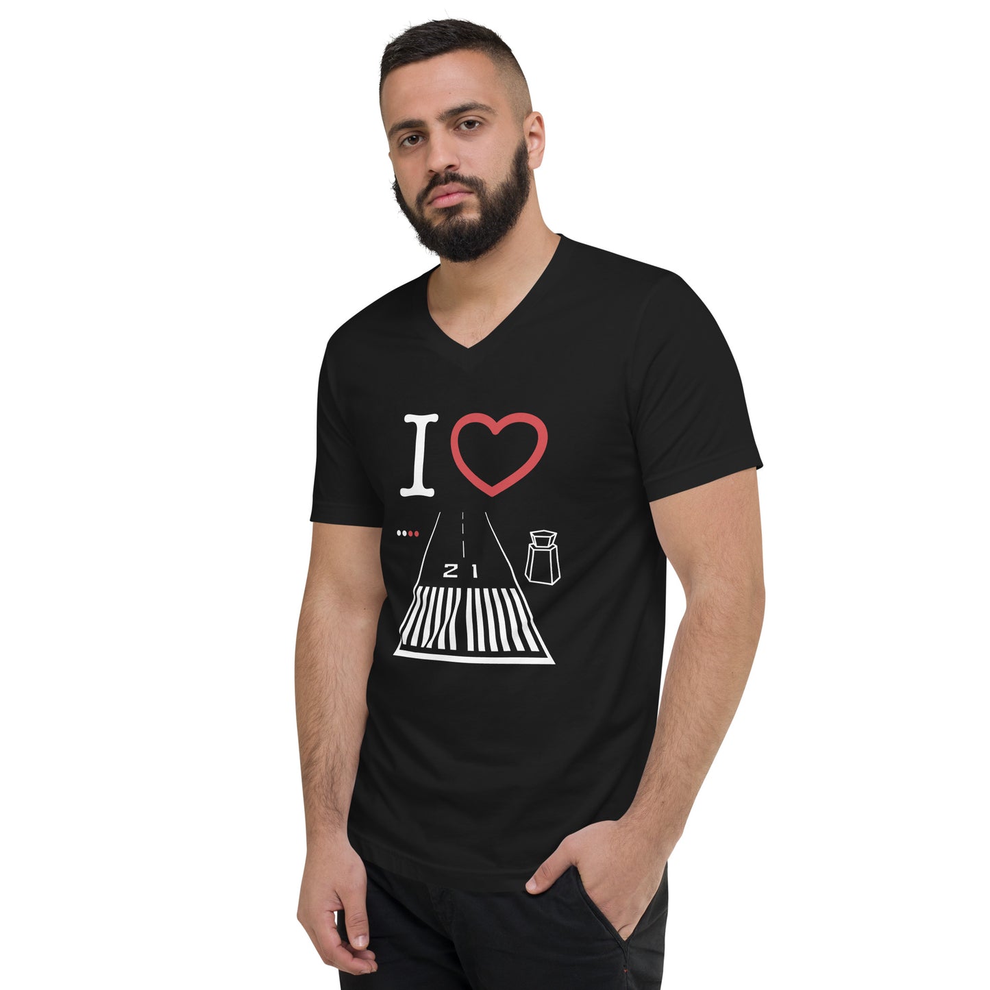 Santa Monica Airport Runway 21 short sleeve unisex v-neck T-shirt (black)
