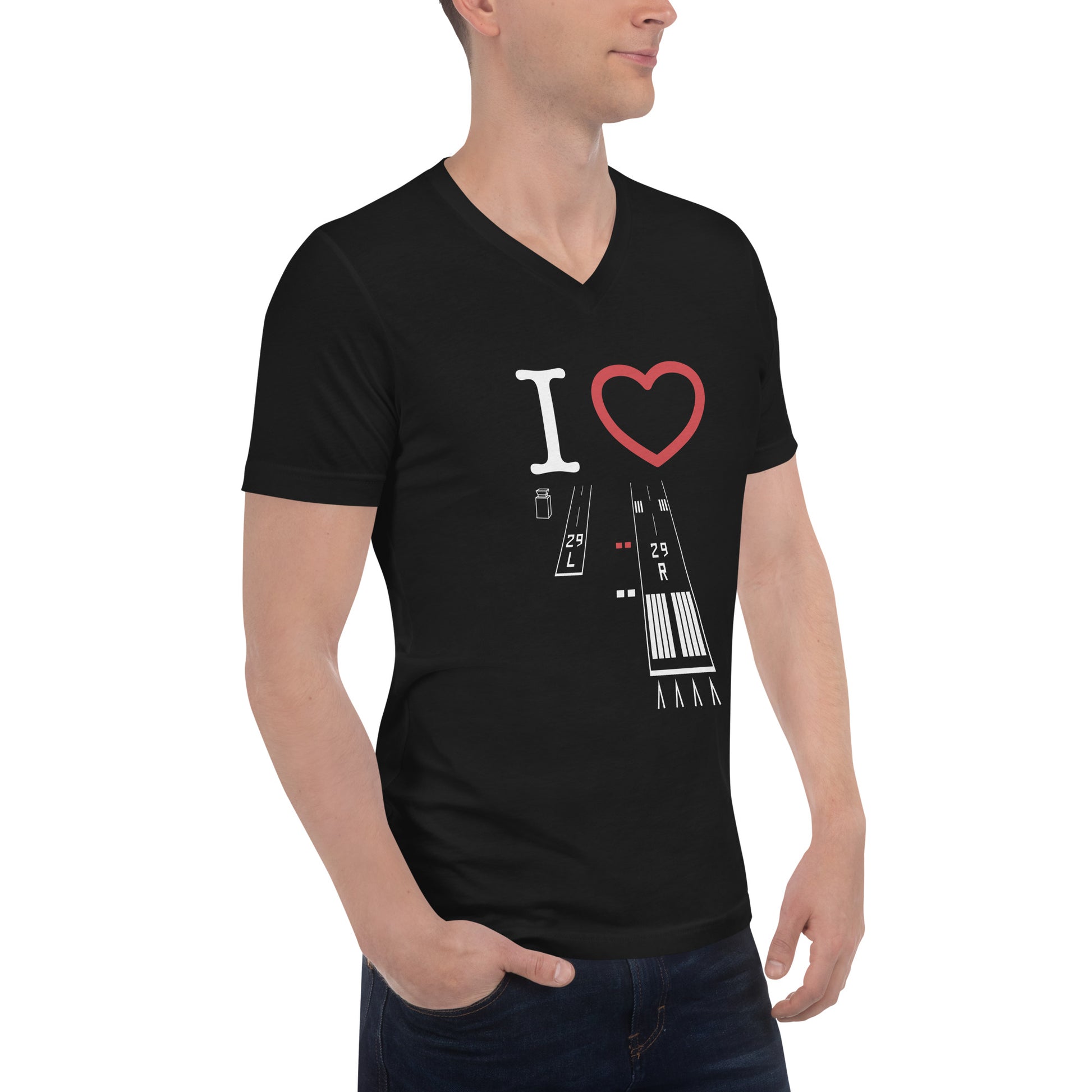 Torrance Airport Runways 29L and 29R short sleeve unisex v-neck T-shirt (black)