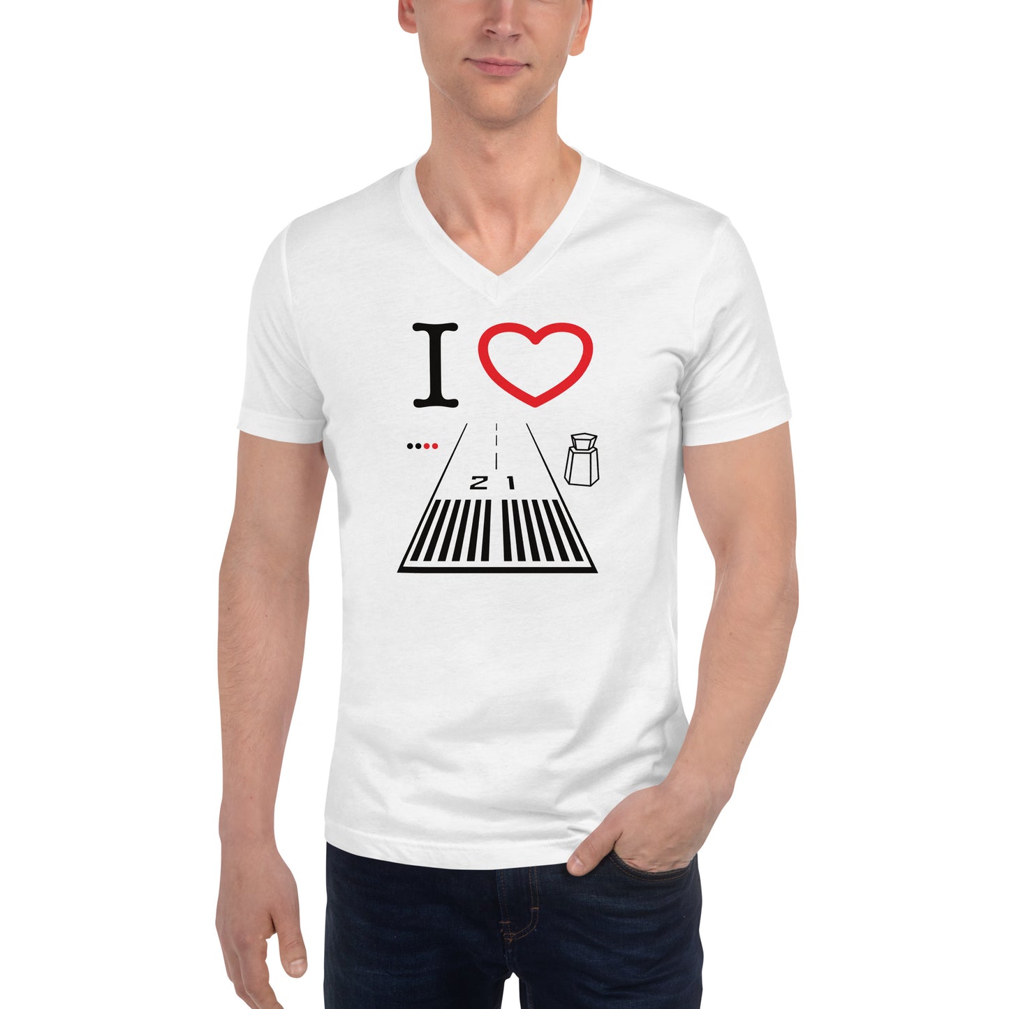 Santa Monica Airport Runway 21 / 3 short sleeve unisex v-neck T-shirt (white)