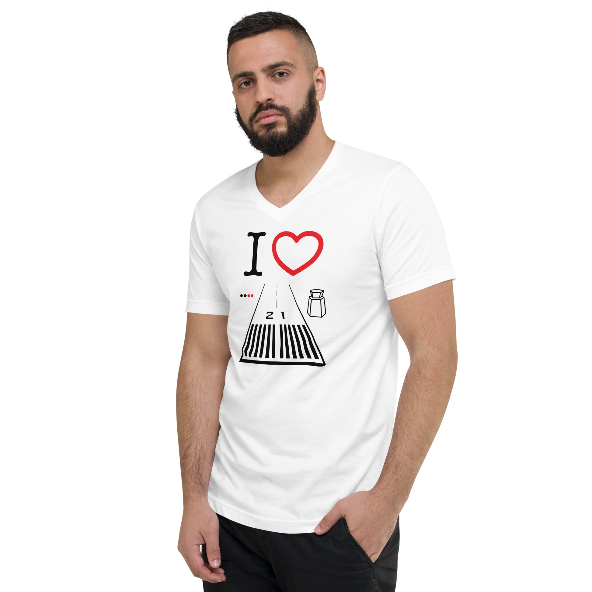 Santa Monica Airport Runway 21 / 3 short sleeve unisex v-neck T-shirt (white)