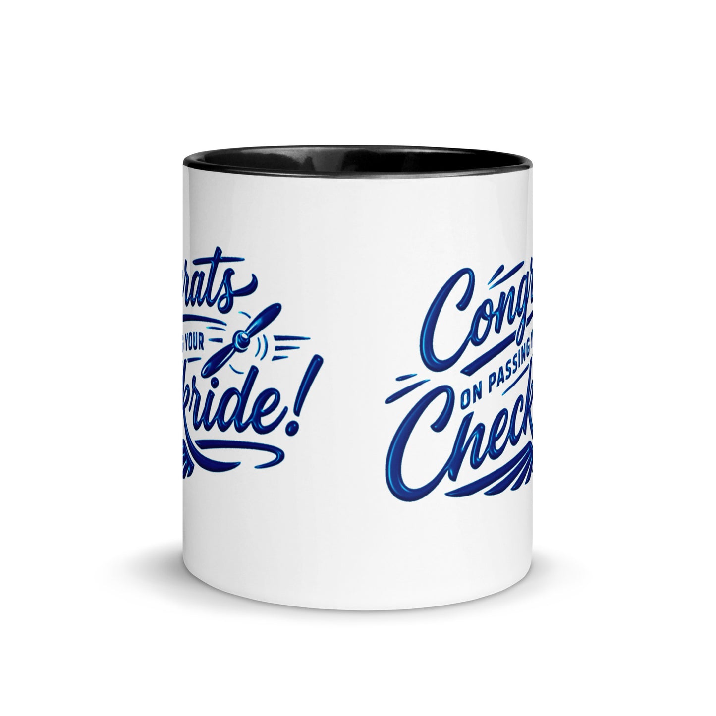 Congrats on passing your checkride! (v4. blue) 11 oz. mug with color inside