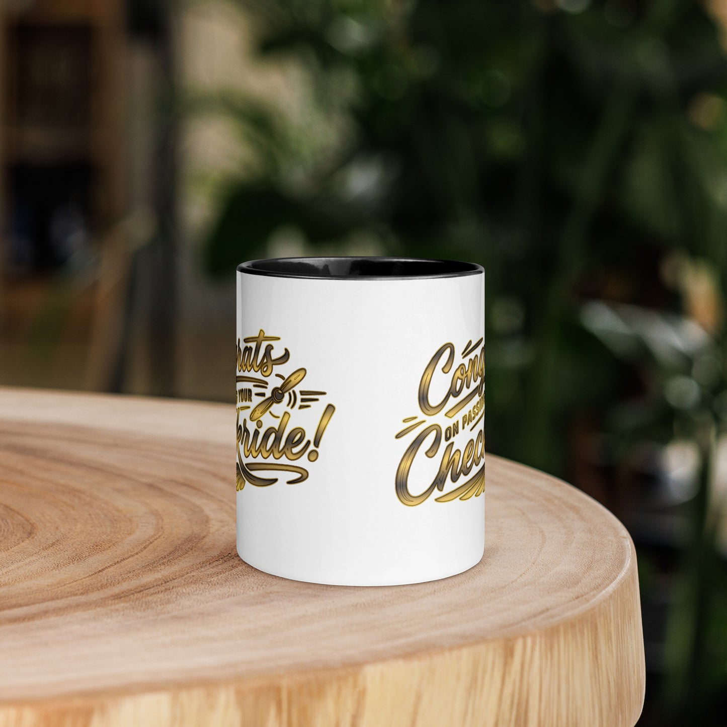 Congrats on passing your checkride! (v4. gold) 11 oz. mug with color inside