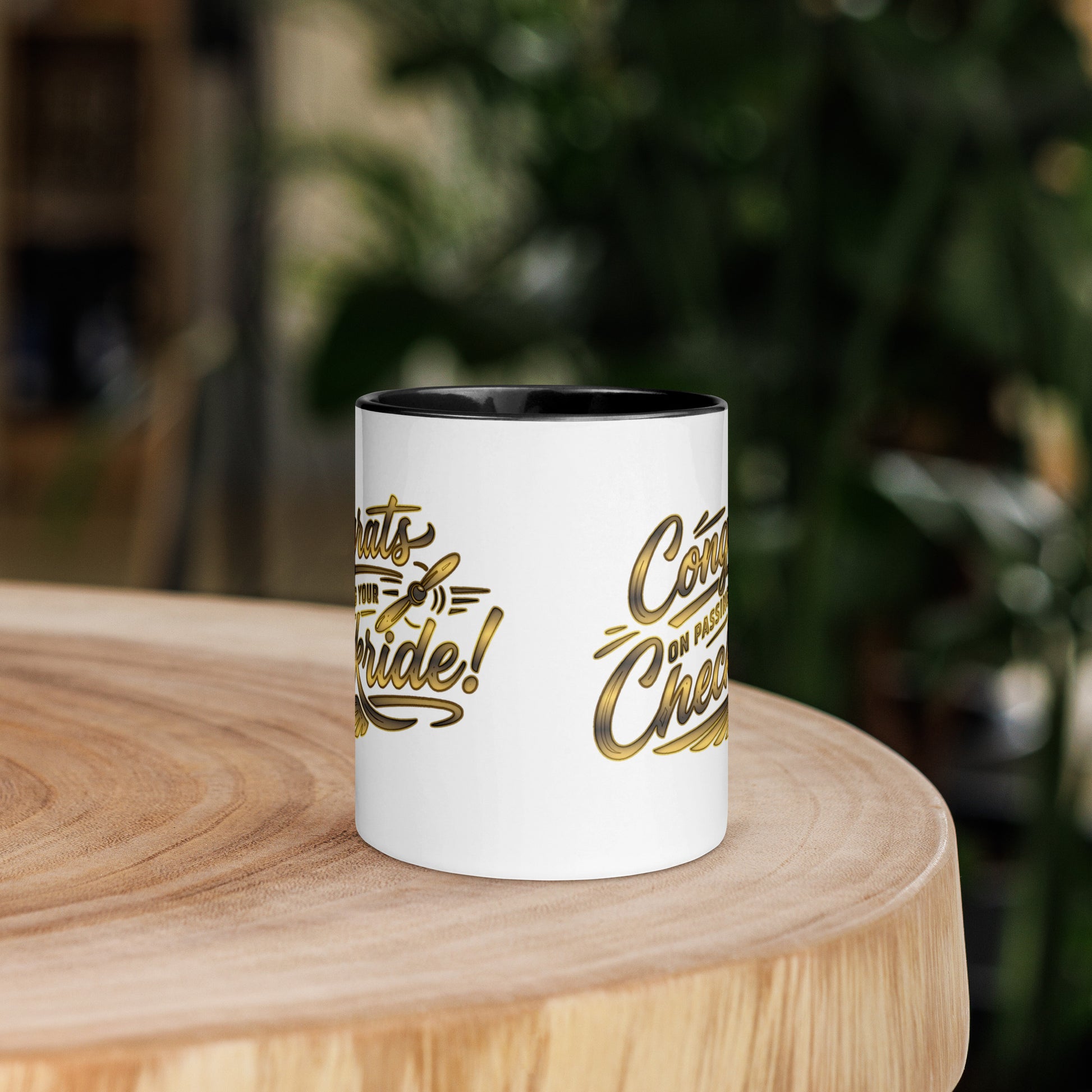 Congrats on passing your checkride! (v4. gold) 11 oz. mug with color inside