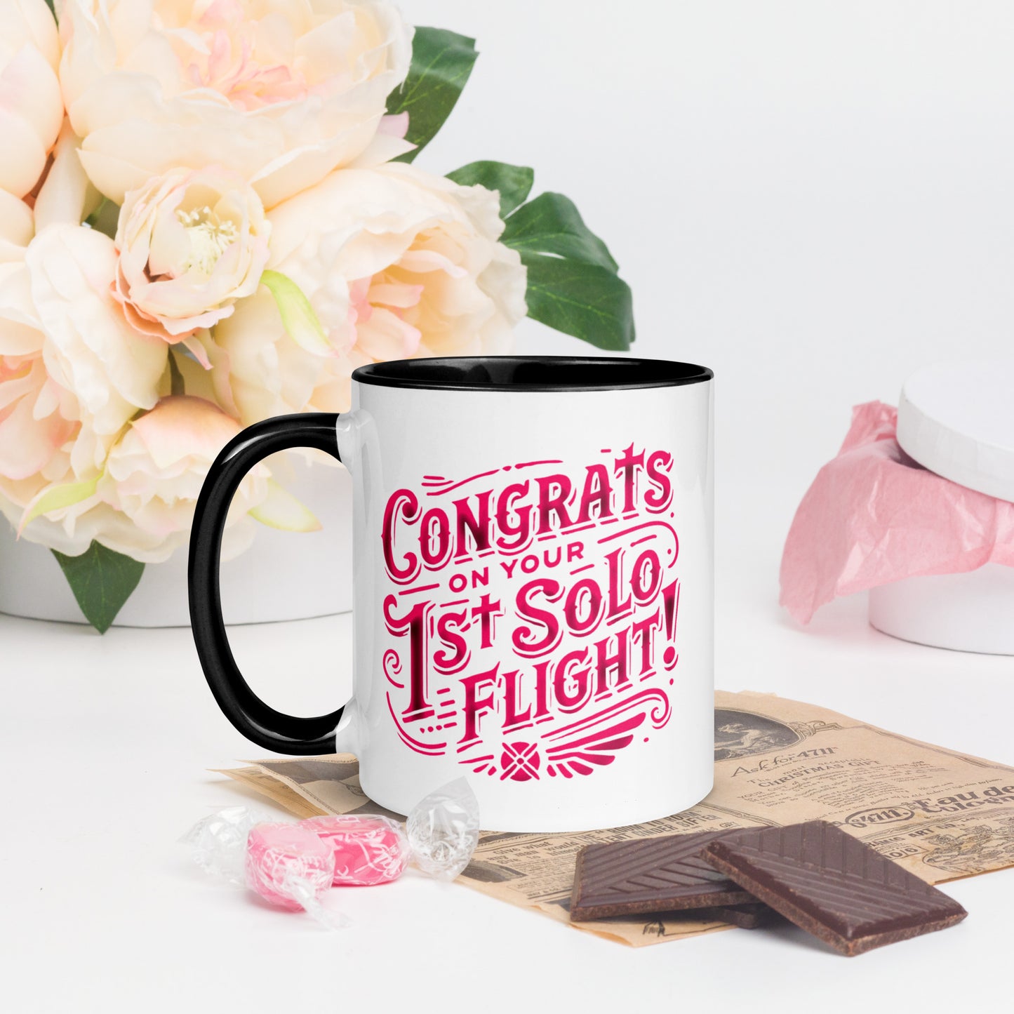 Congrats on your 1st Solo Flight! (pink) mug with color inside