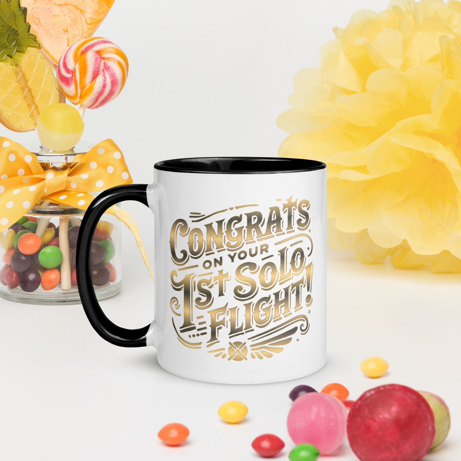 Congrats on your 1st Solo Flight! (gold) mug with color inside