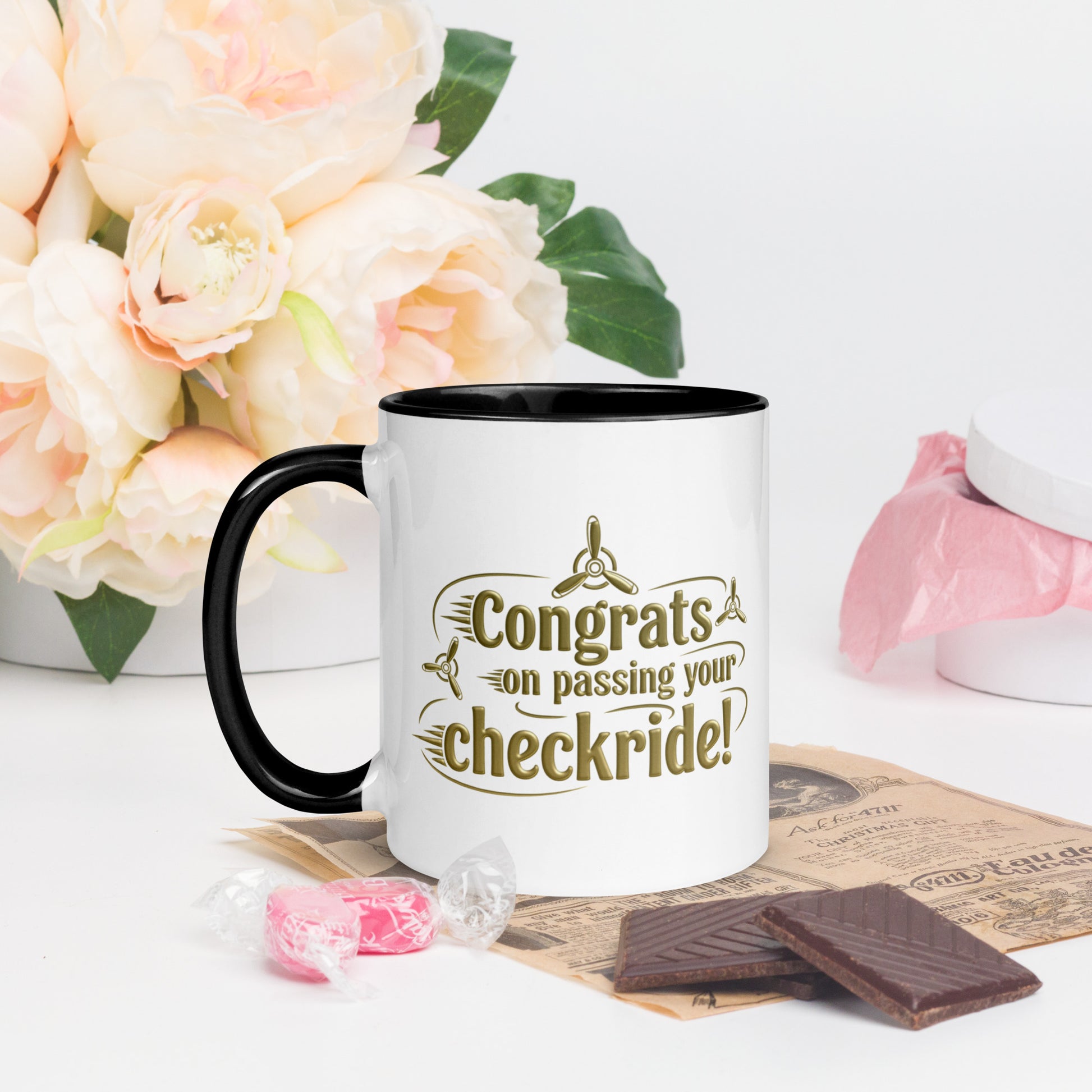 Congrats on passing your checkride! (v3. gold) mug with color inside