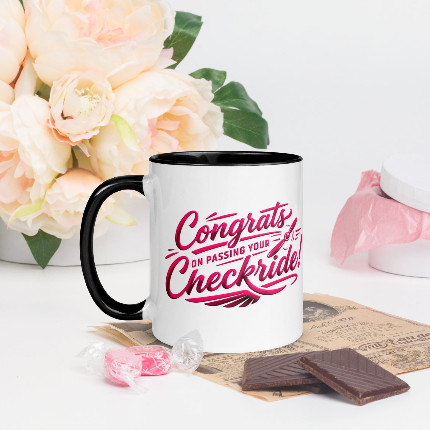 Congrats on passing your checkride! (v4. pink ) 11 oz. mug with color inside