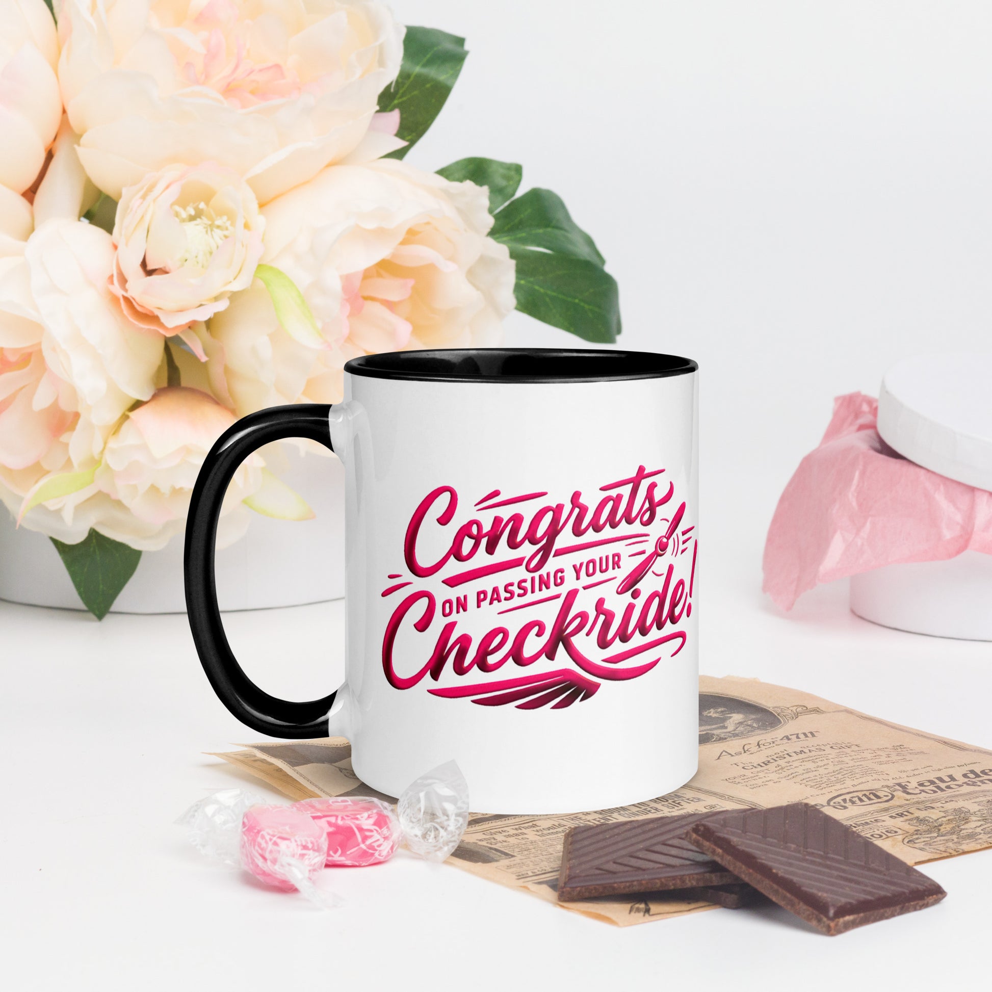 Congrats on passing your checkride! (v4. pink ) 11 oz. mug with color inside