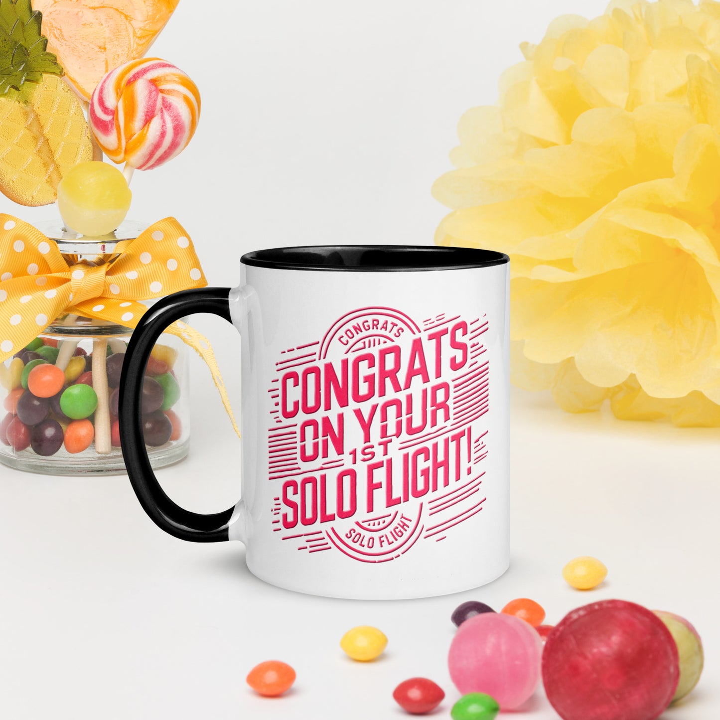 Congrats on your 1st Solo Flight! (v2. pink) 11 oz. mug with color inside