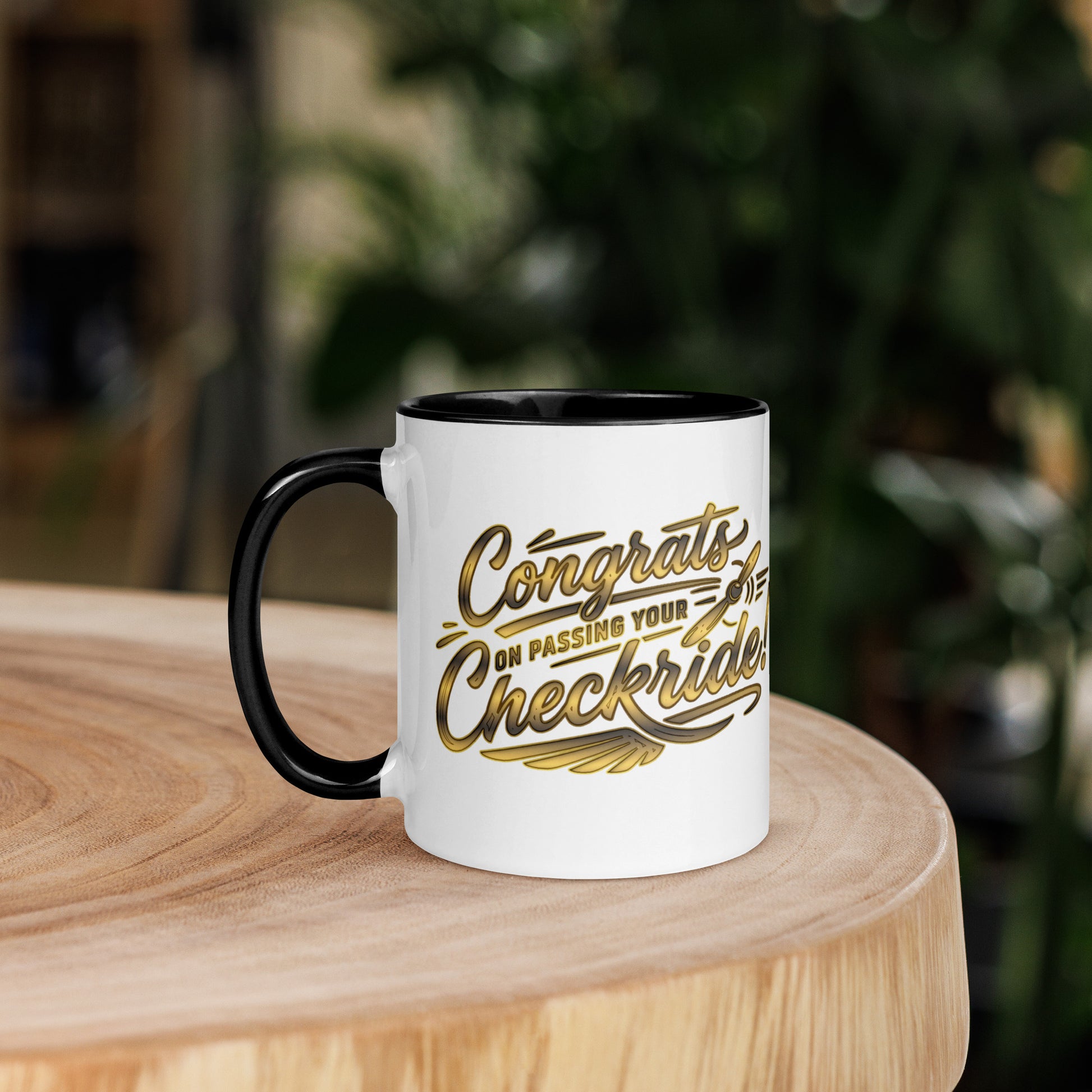 Congrats on passing your checkride! (v4. gold) 11 oz. mug with color inside